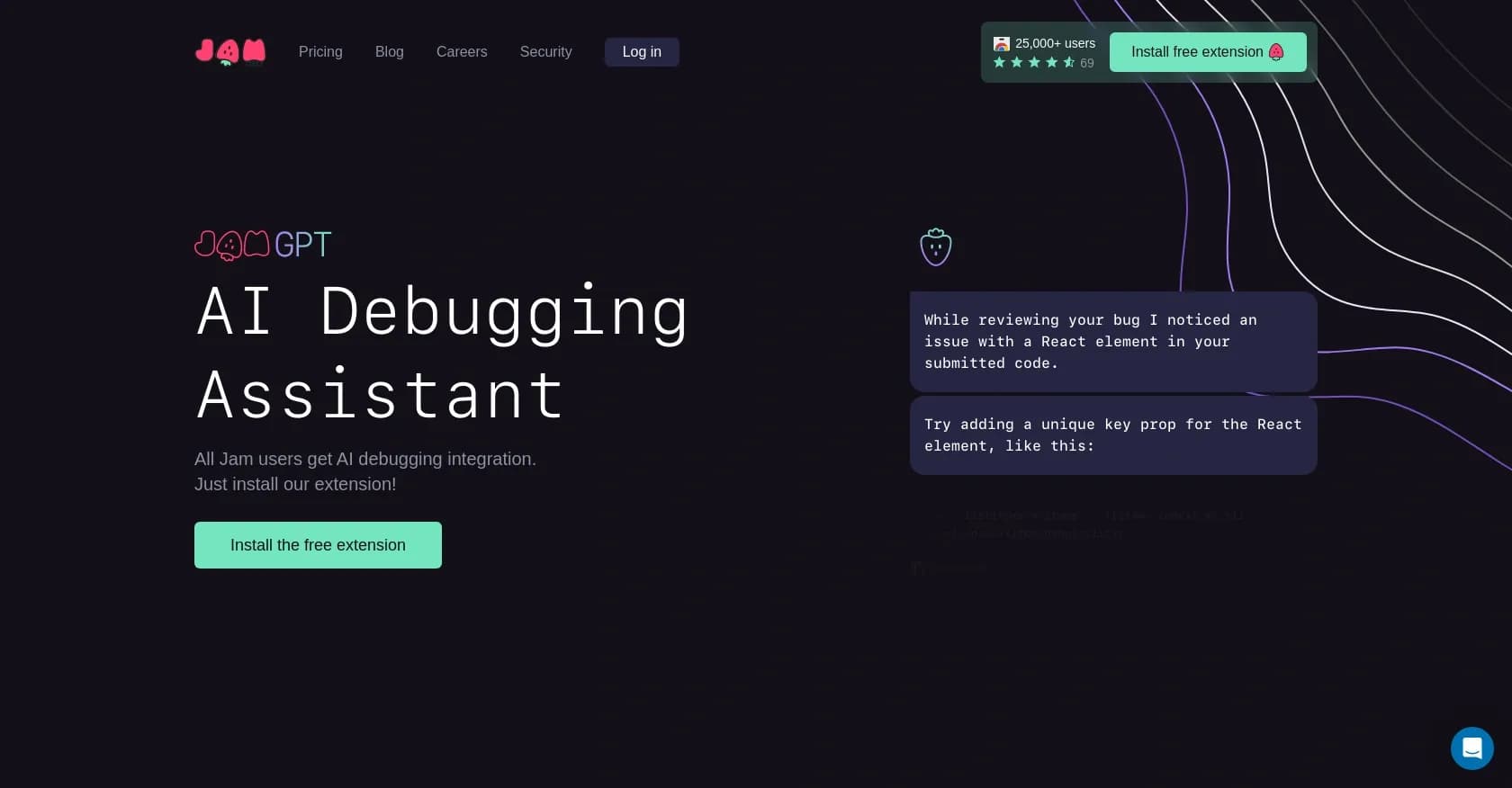 Jam homepage screenshot — Debug faster with AI assistance
