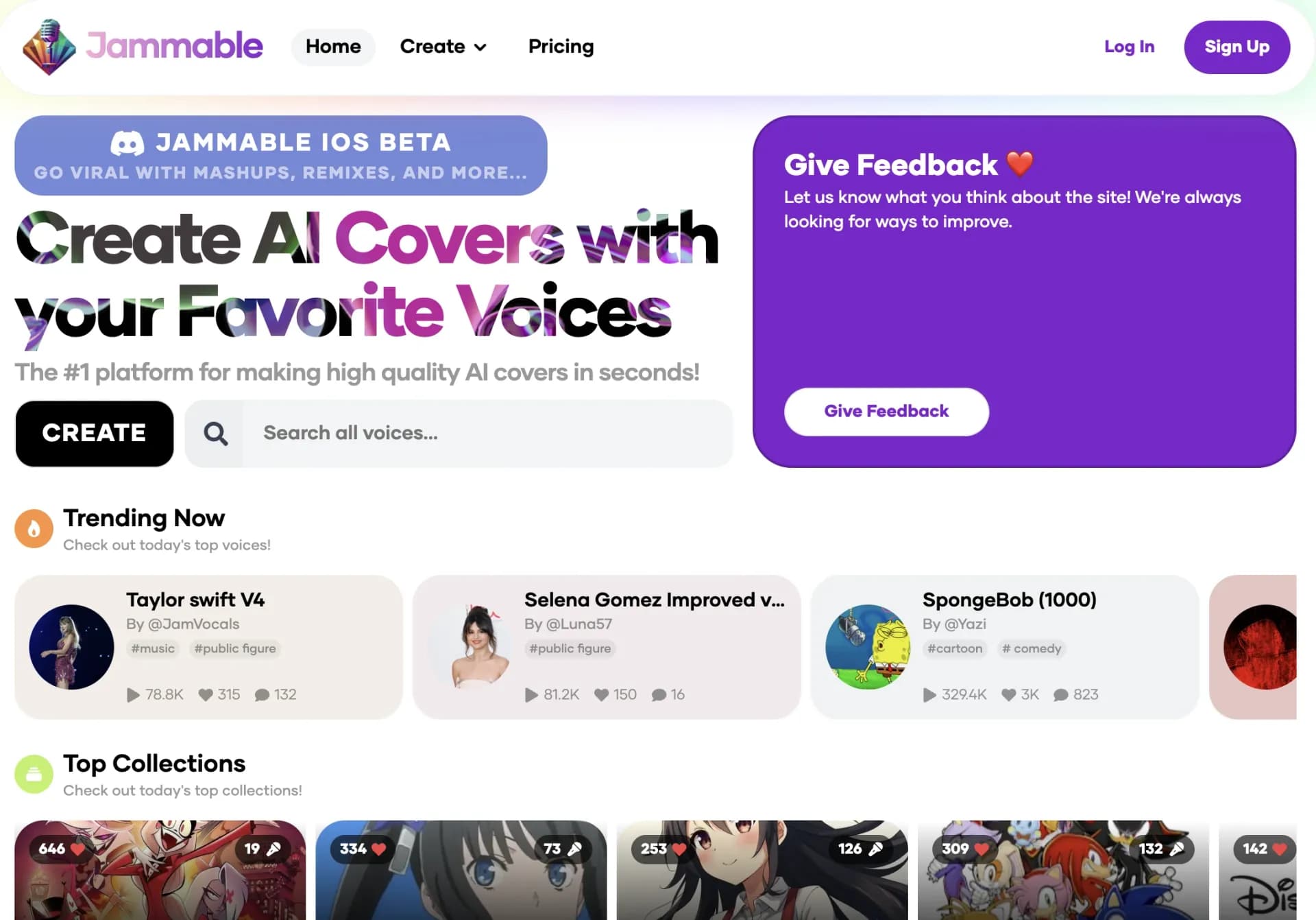 Jammablev3.2 homepage screenshot — Create AI songs with your favorite artists in seconds