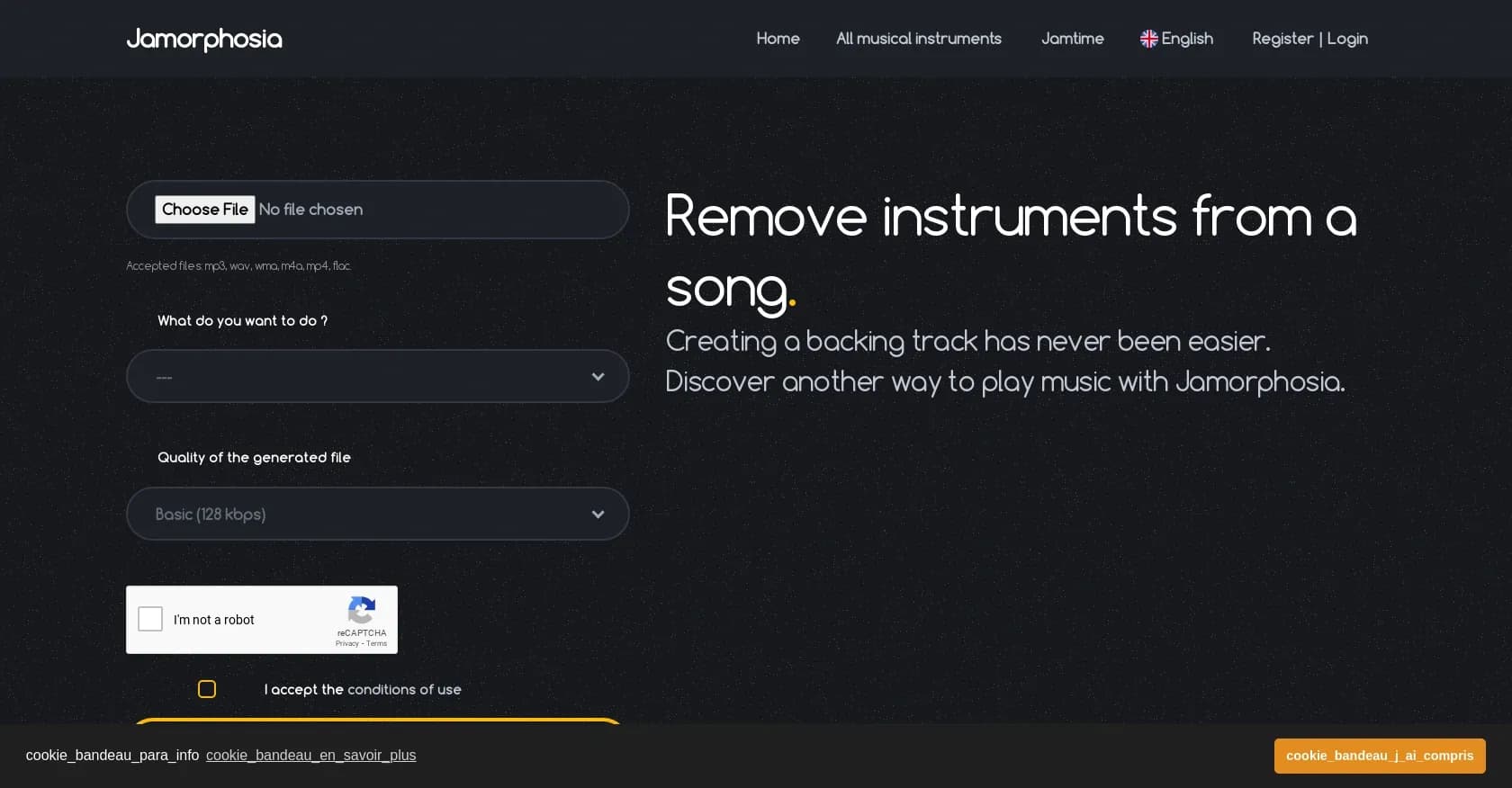 Jamorphosia homepage screenshot — Music track isolation and editing