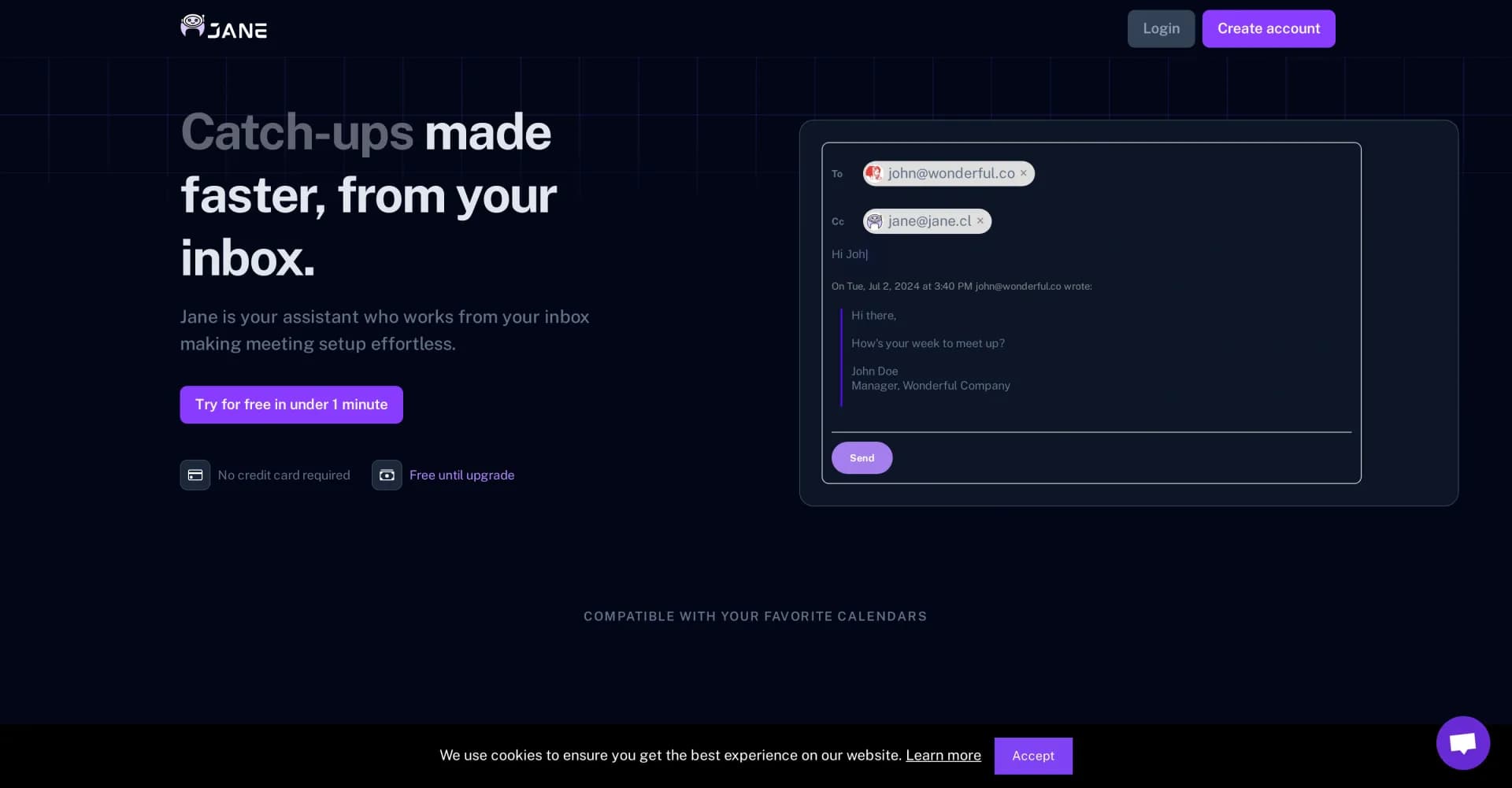 Jane Cal homepage screenshot — AI assistant schedules meetings from your inbox.