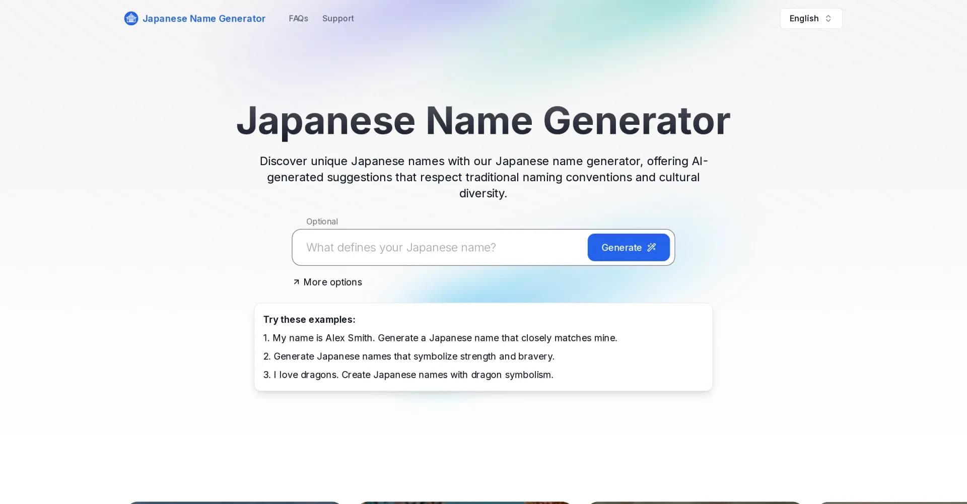 Japanese Name Generator homepage screenshot — Discover unique Japanese names with AI-powered cultural prec