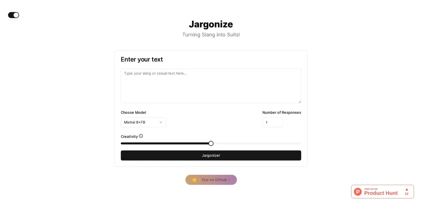 Jargonize homepage screenshot — Transform casual text into corporate speak.