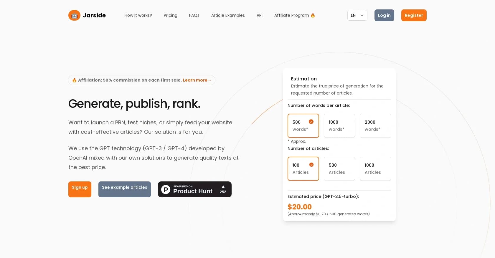 Jarside homepage screenshot — Generate, publish, and rank cost-effective AI content.