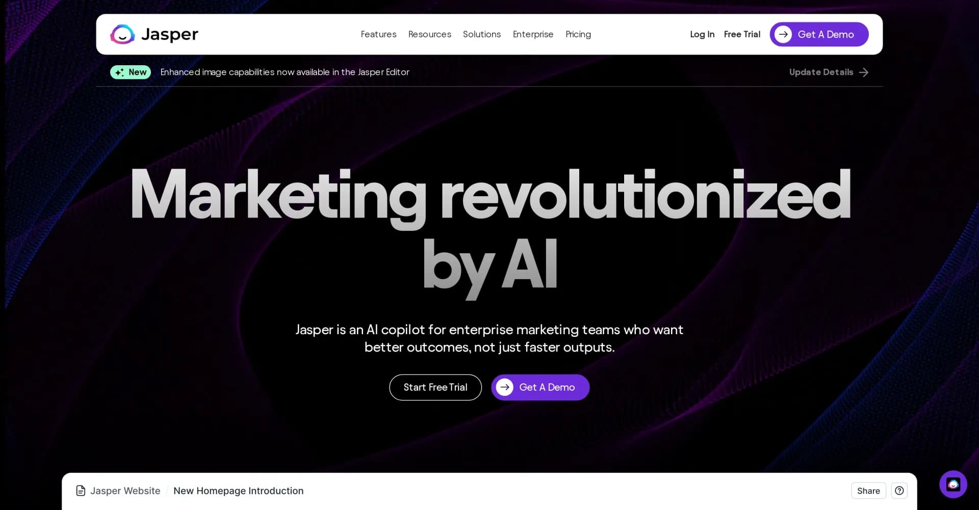Jasper.ai homepage screenshot — AI copilot for enterprise marketing teams