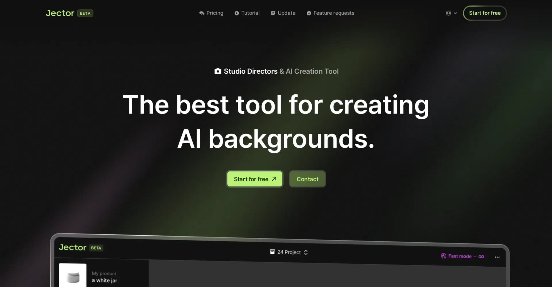 Jector homepage screenshot — Create stunning AI backgrounds effortlessly