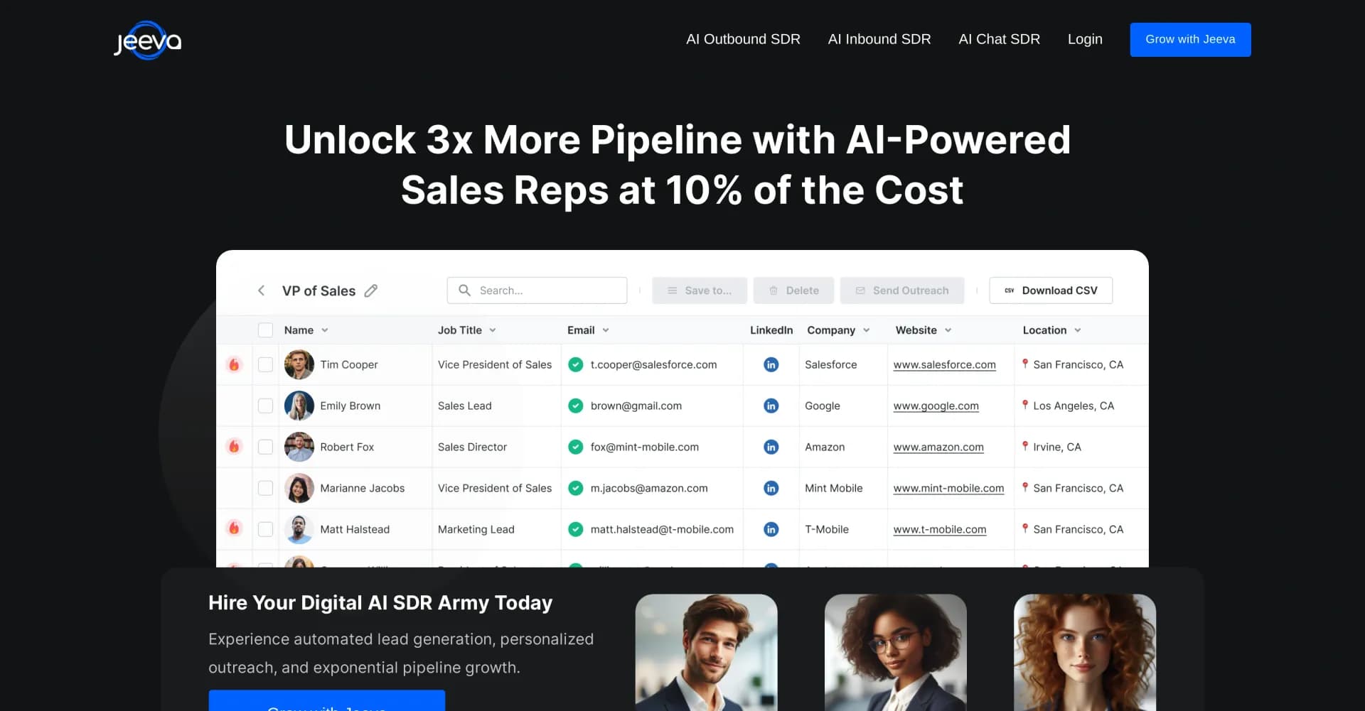 Jeeva homepage screenshot — Unlock 3x more pipeline with AI sales reps at 10% cost