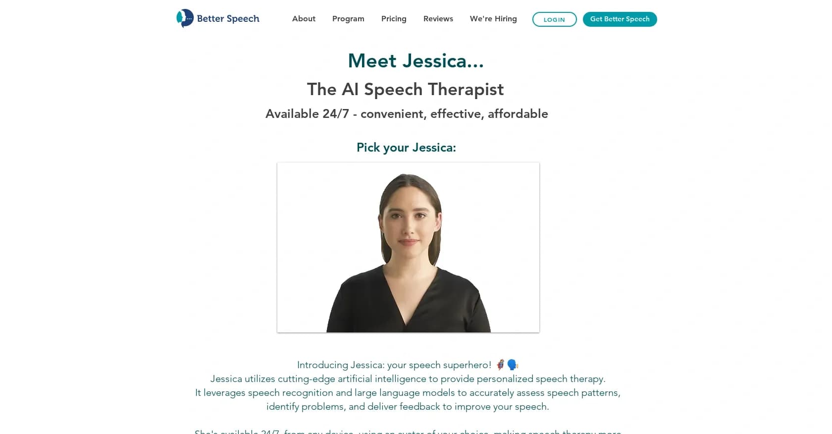 Jessica by BetterSpeech homepage screenshot — AI speech therapist: convenient, effective, affordable.