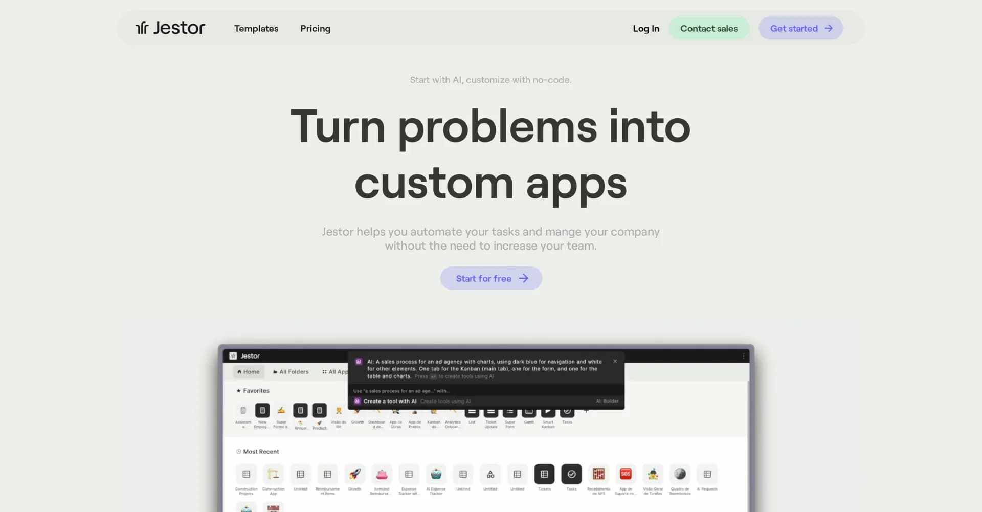 Jestor homepage screenshot — Automate tasks and manage your company without expanding you