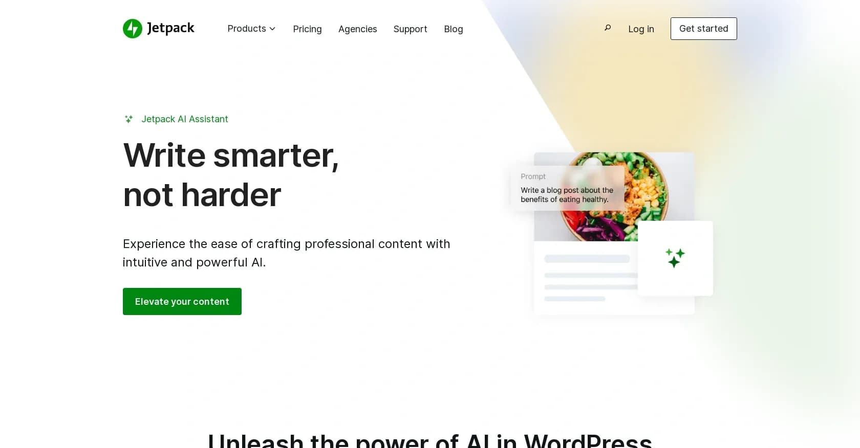 Jetpack homepage screenshot — Write smarter, not harder with AI assistance.