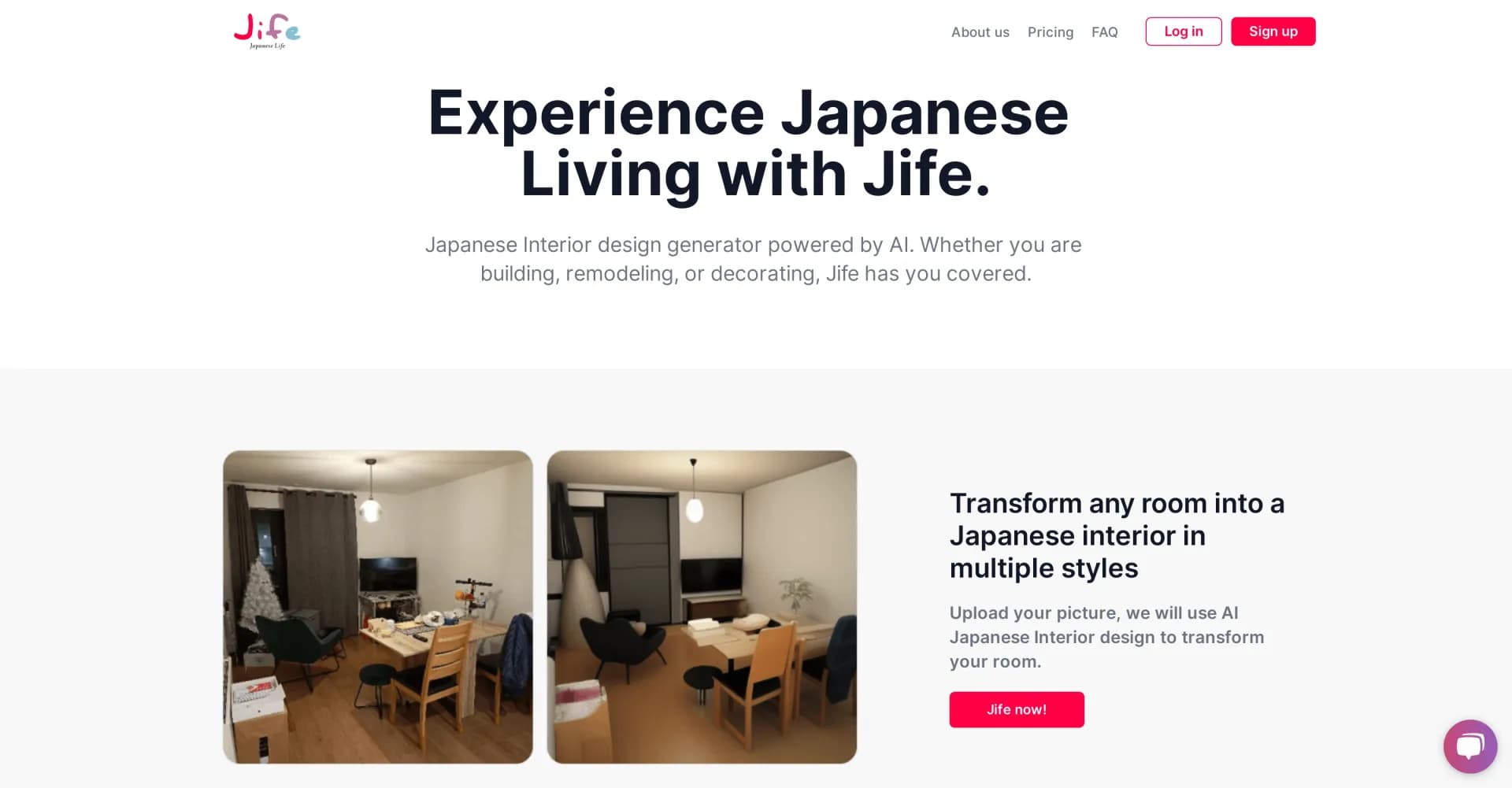 Jife homepage screenshot — AI-powered Japanese interior design generator
