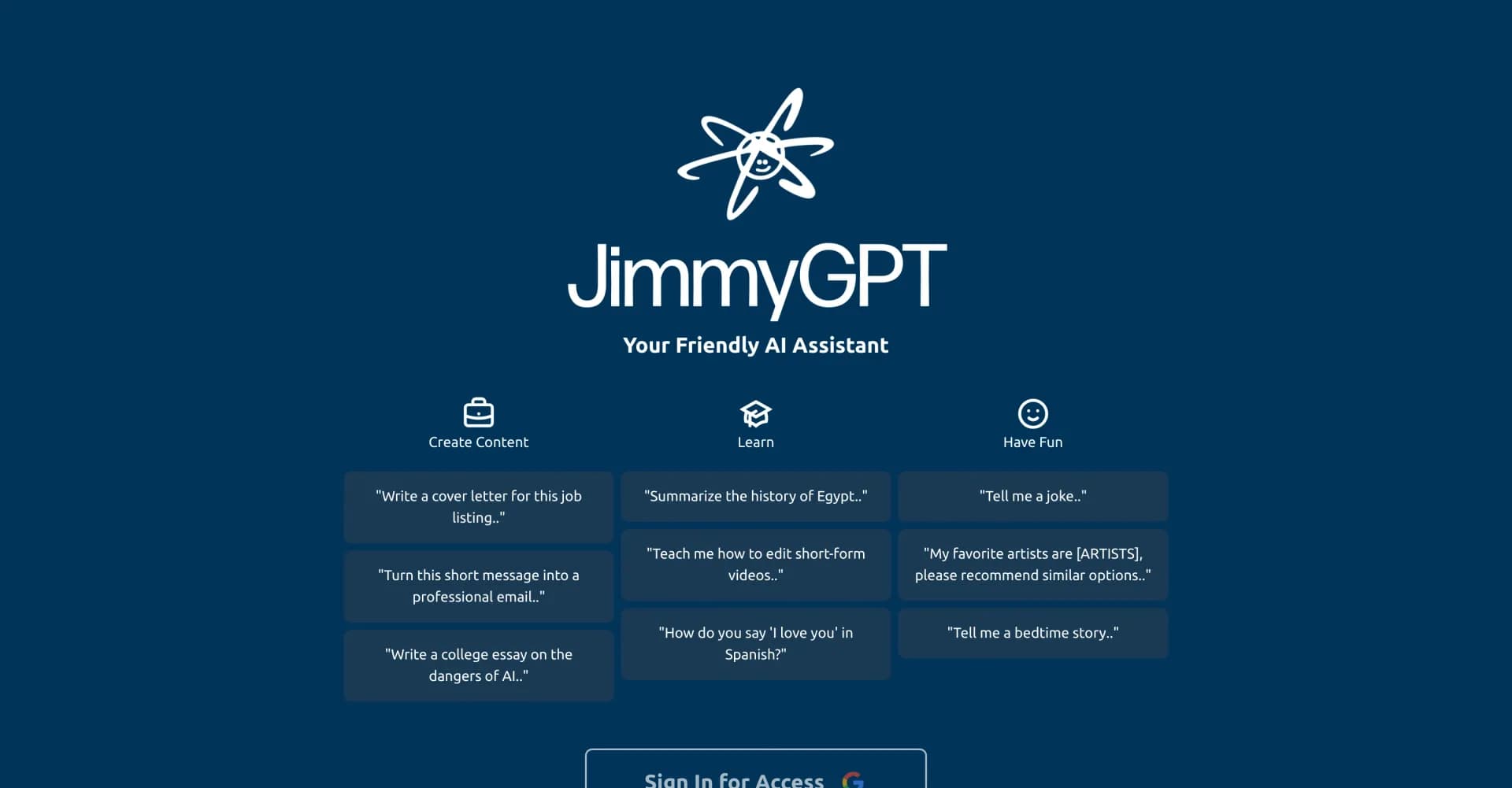 JimmyGPT homepage screenshot — Your friendly AI assistant for content, learning, and fun.