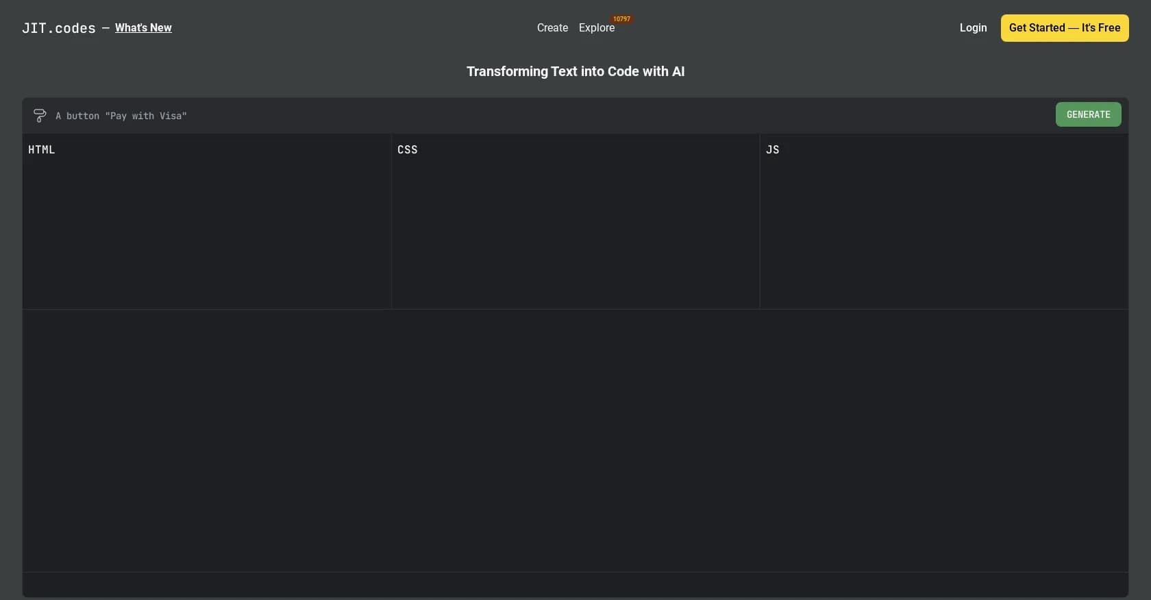 Jit Codes homepage screenshot — Transform text into code with AI