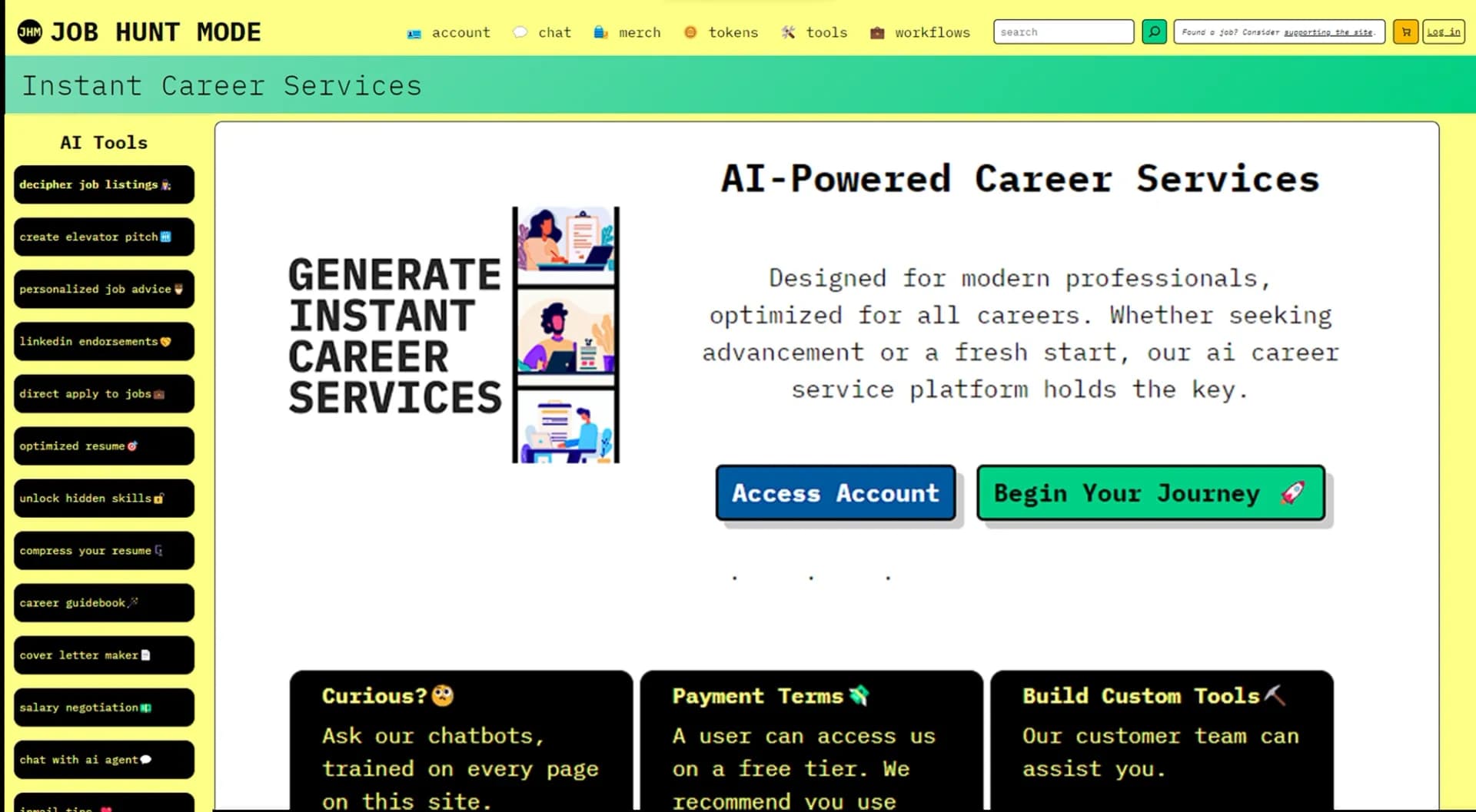 Job Hunt Mode homepage screenshot — Career service platform with personalized advice.
