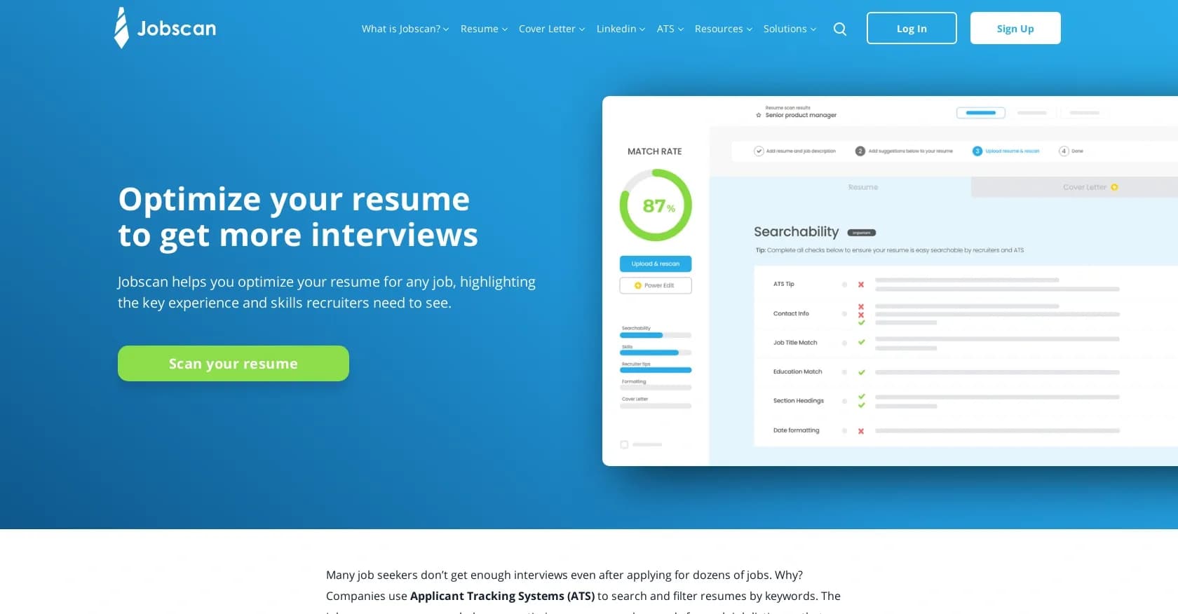 Jobscan homepage screenshot — Optimize your resume for ATS to land more interviews.