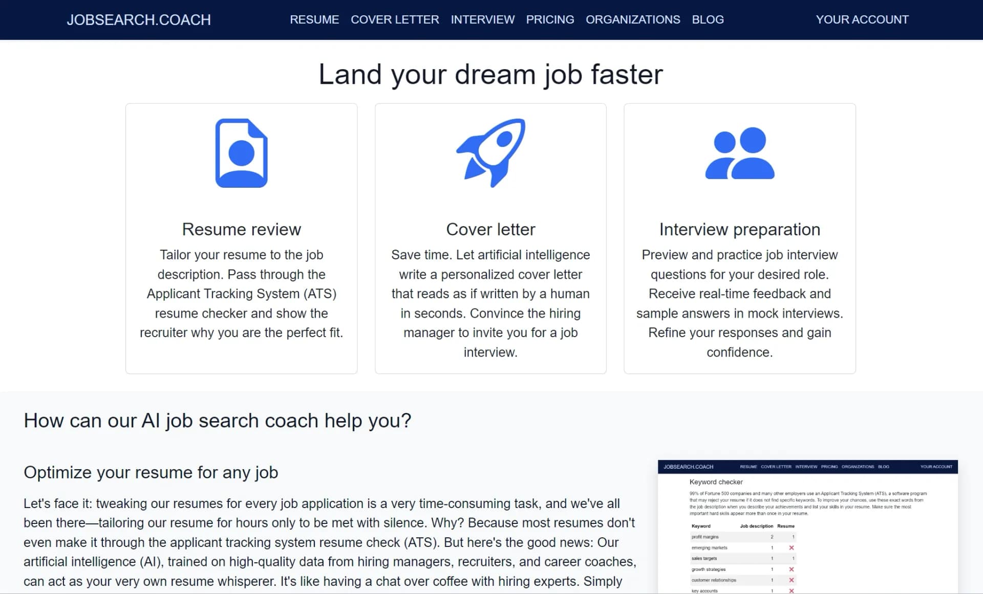 JobSearch.Coach homepage screenshot — Advanced AI coach revolutionizing job applications