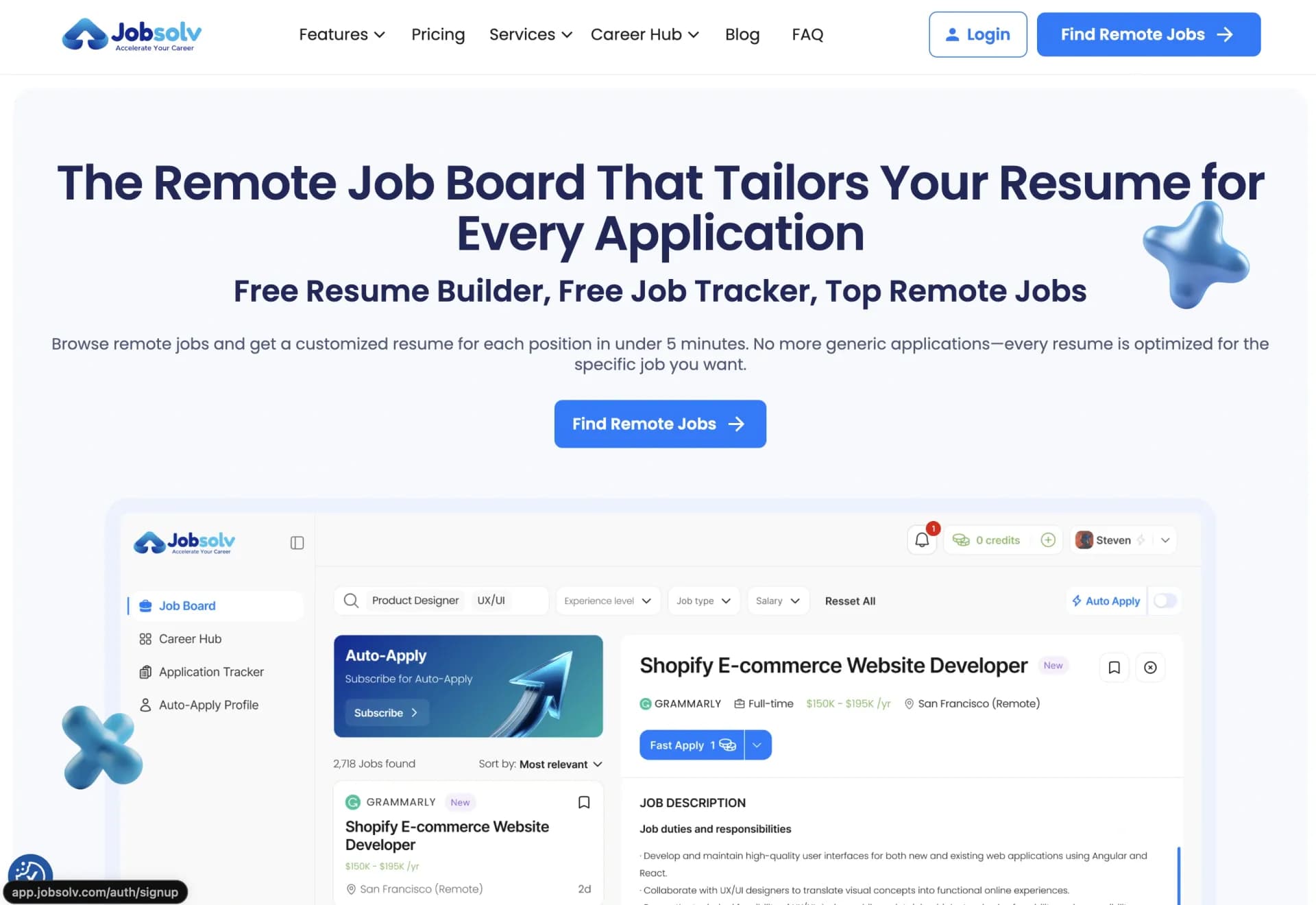Jobsolv: Remote Job Board + AI Resume Tailoring homepage screenshot — Land $100K+ Remote Jobs with AI-Tailored Resumes