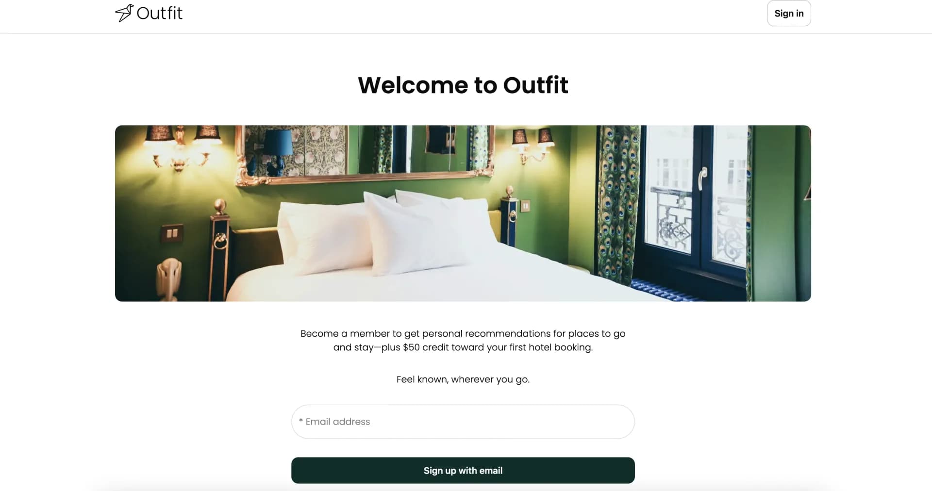 Outfit homepage screenshot — Find hotels that fit your unique travel style.