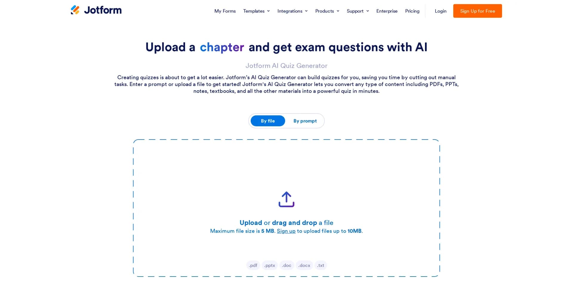Jotform AI Quiz Generator homepage screenshot — Create custom quizzes instantly with AI.