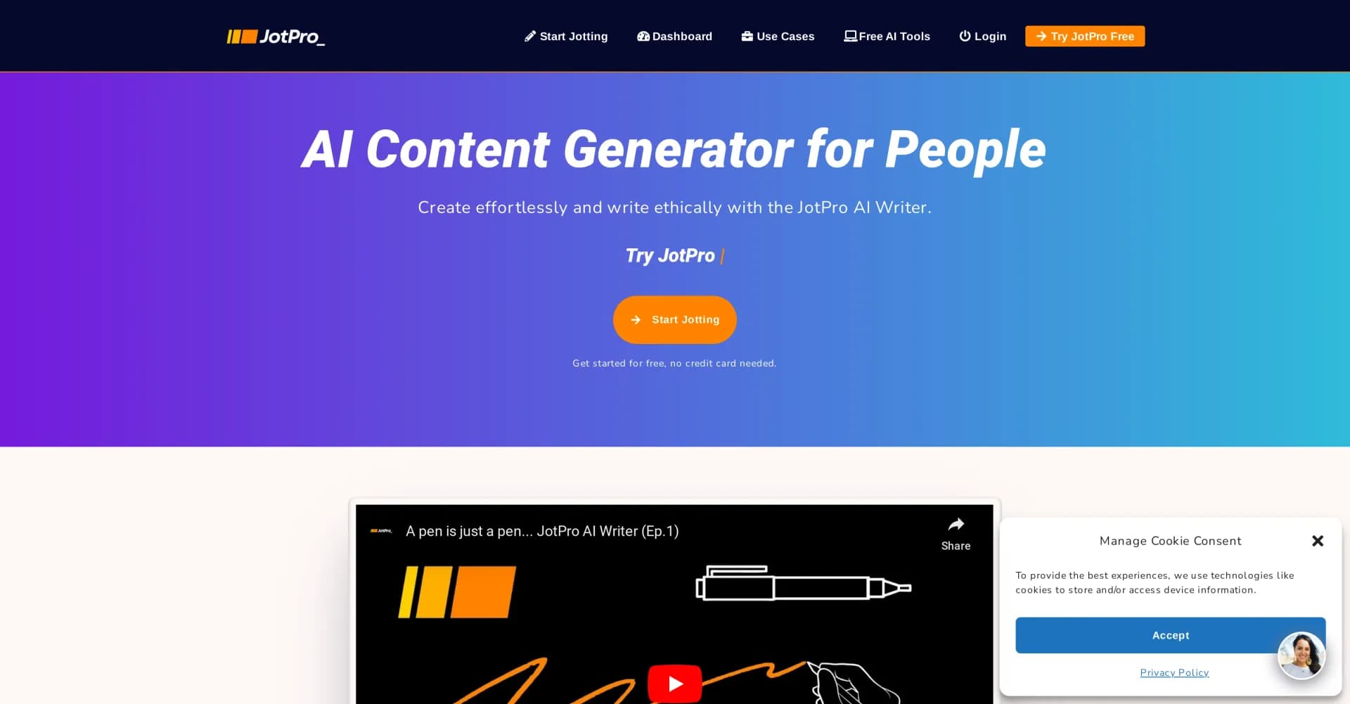 JotPro homepage screenshot — AI writer for high-quality content that converts.