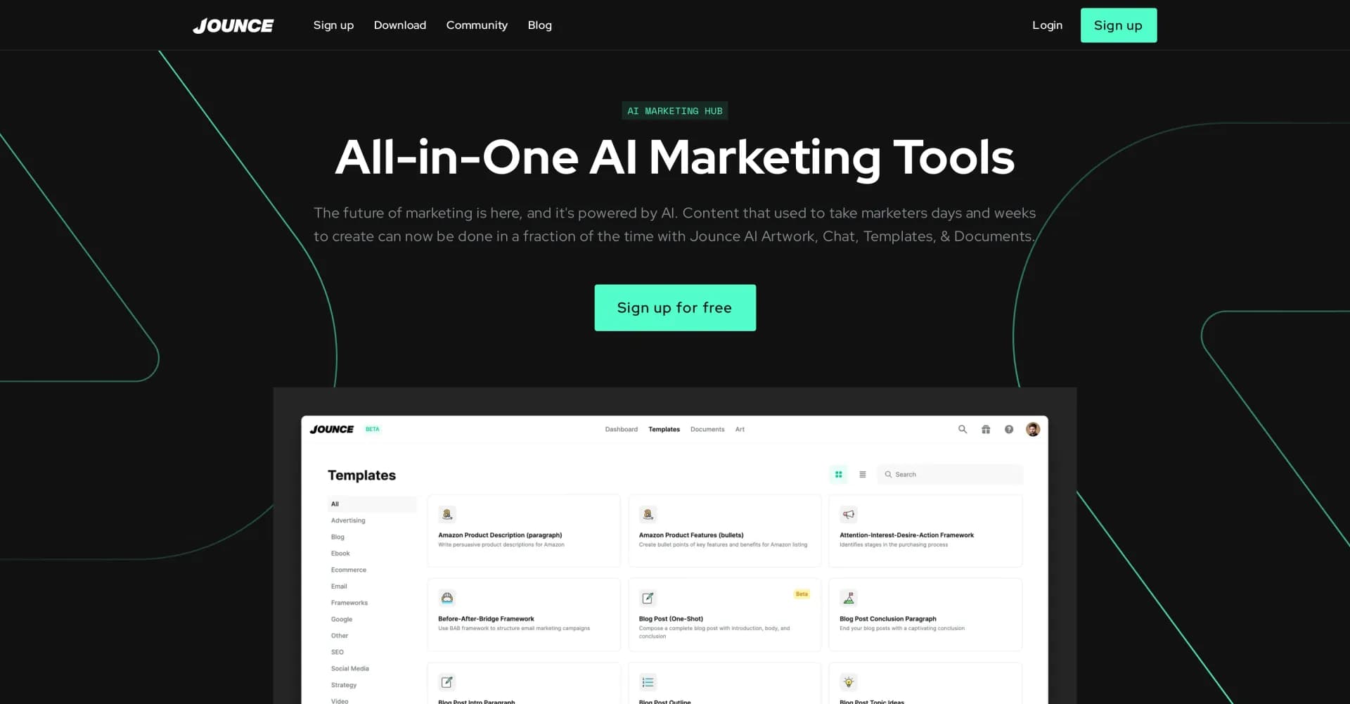 Jounce homepage screenshot — AI-powered marketing: Create content in seconds.