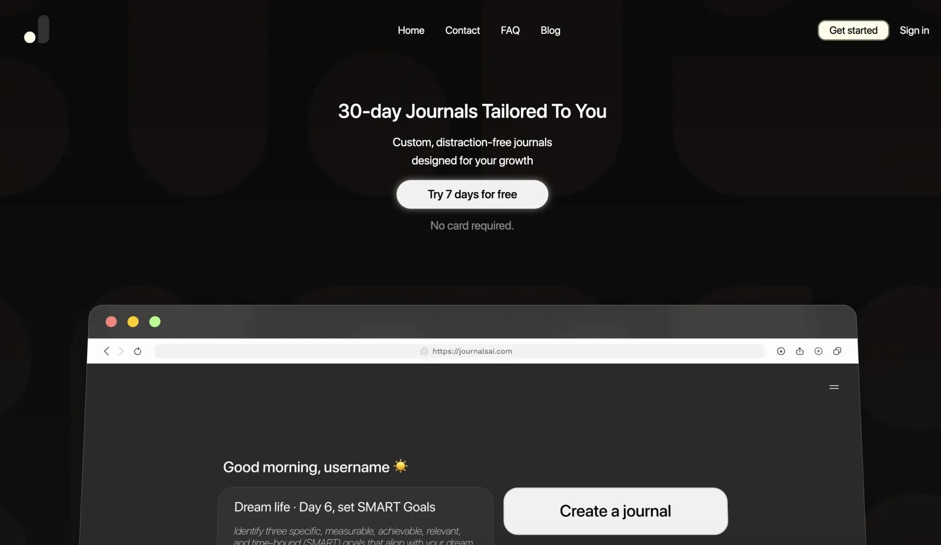 JournalsAI homepage screenshot — AI-powered journals for daily growth and well-being.