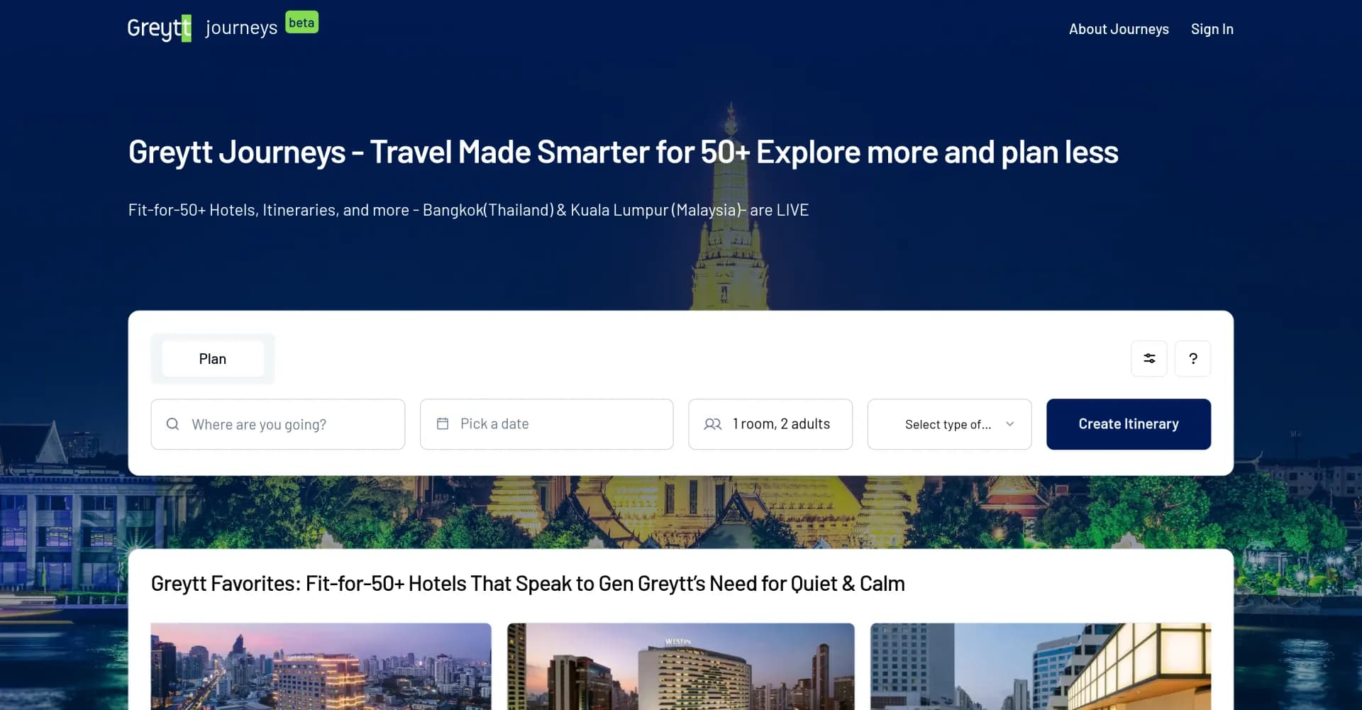 Journeys by Greytt homepage screenshot — Smart travel planning for the 50+ crowd