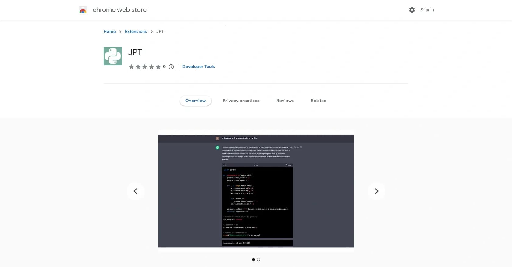 JPT homepage screenshot — Execute Python code on ChatGPT via Chrome extension.