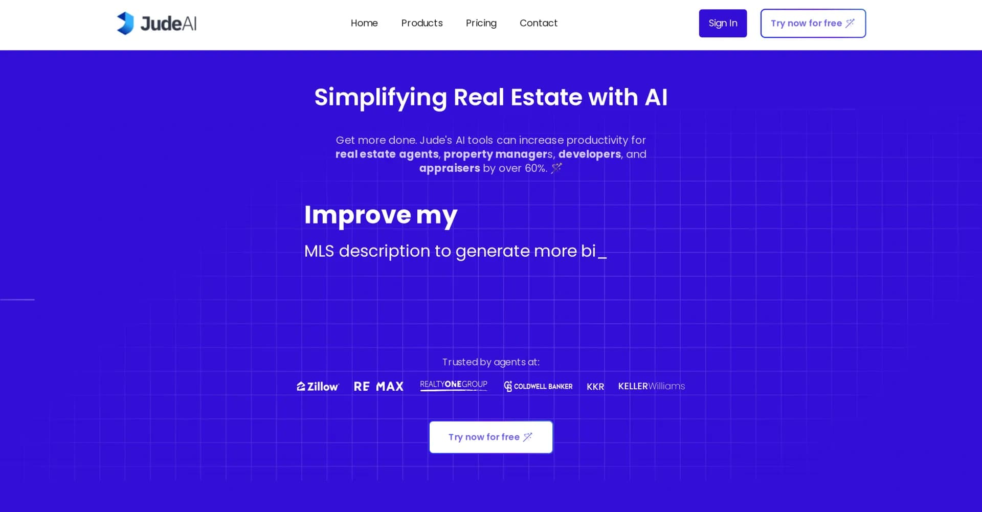 JudeAI homepage screenshot — Simplify real estate with AI-powered productivity tools.