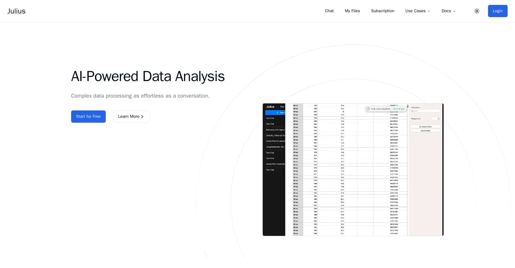 Julius homepage screenshot — Data analysis and visualization solution.