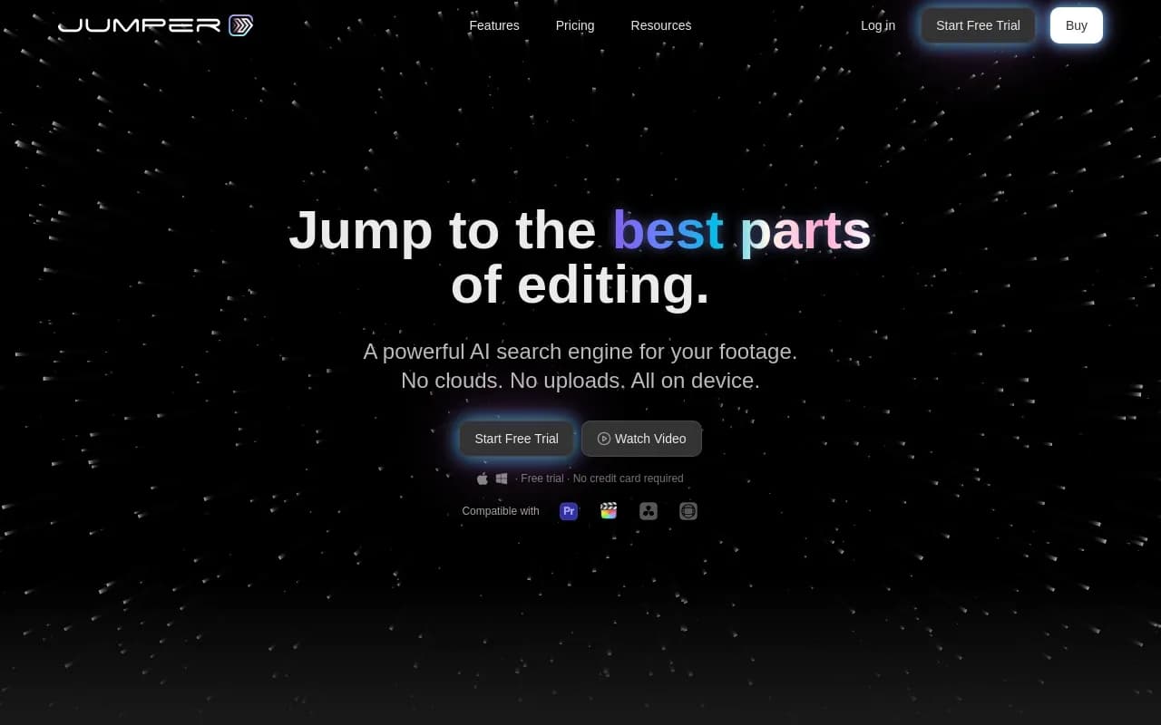 Jumper homepage screenshot — Jump to the best parts of video editing.