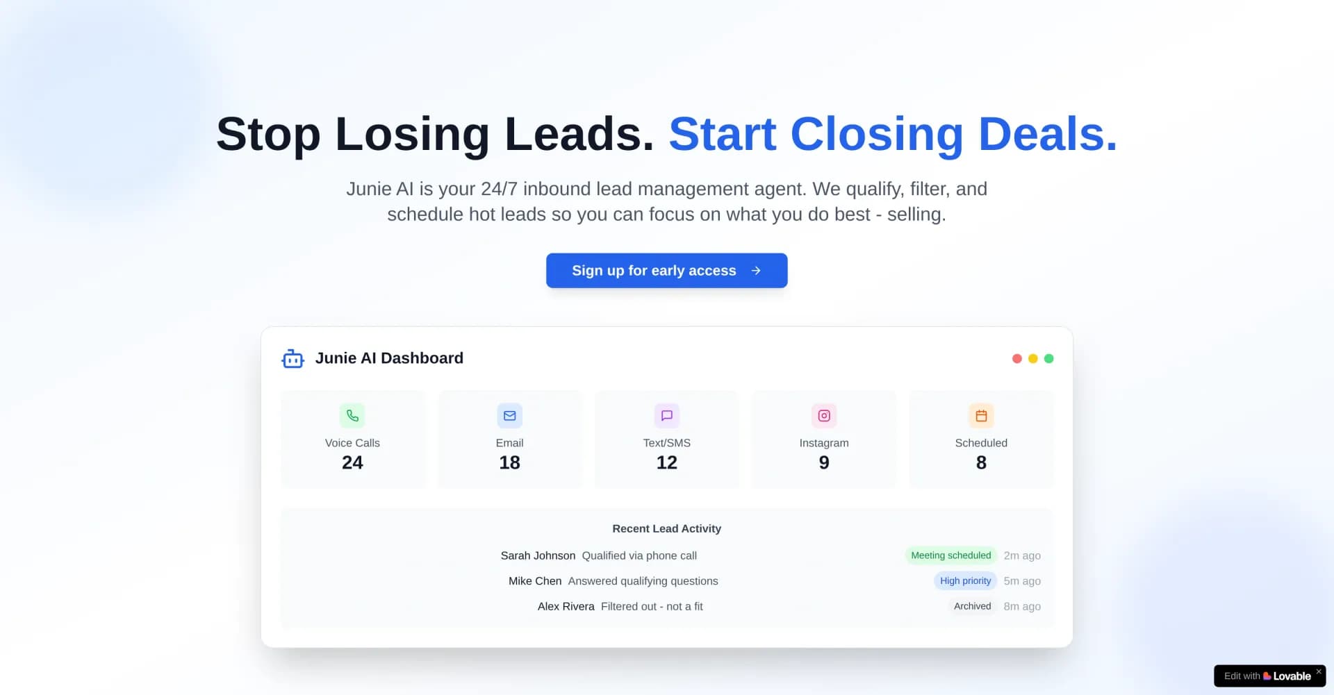 Junie AI homepage screenshot — 24/7 AI agent qualifies and schedules leads automatically