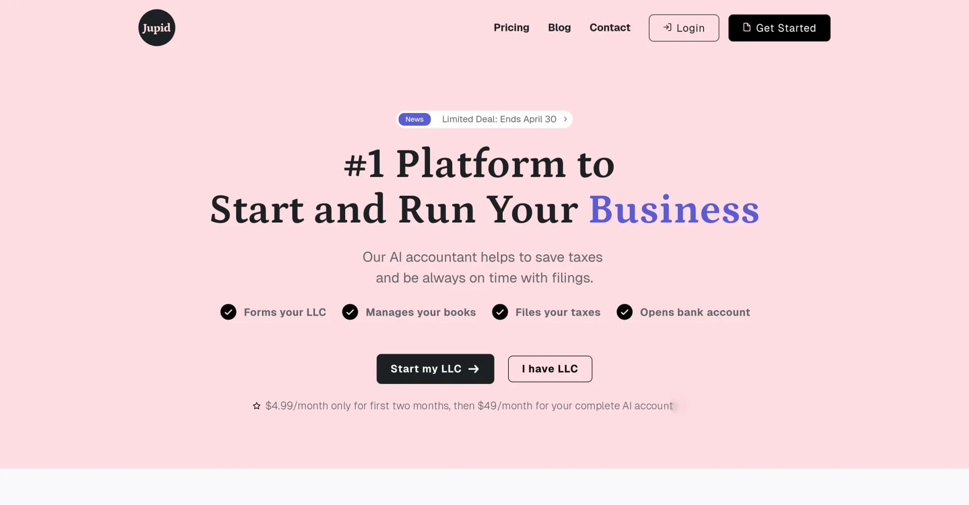 Jupid homepage screenshot — AI accountant: forms LLC, manages books, files taxes.