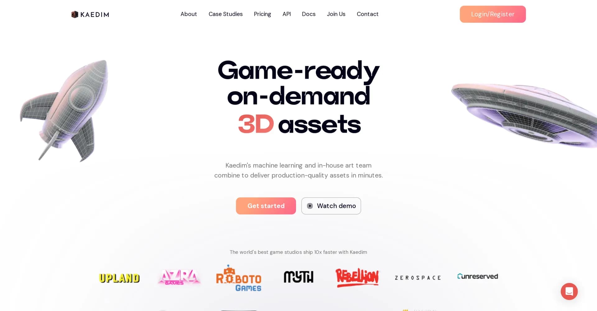 Kaedim homepage screenshot — Generate game-ready 3D models from images with AI