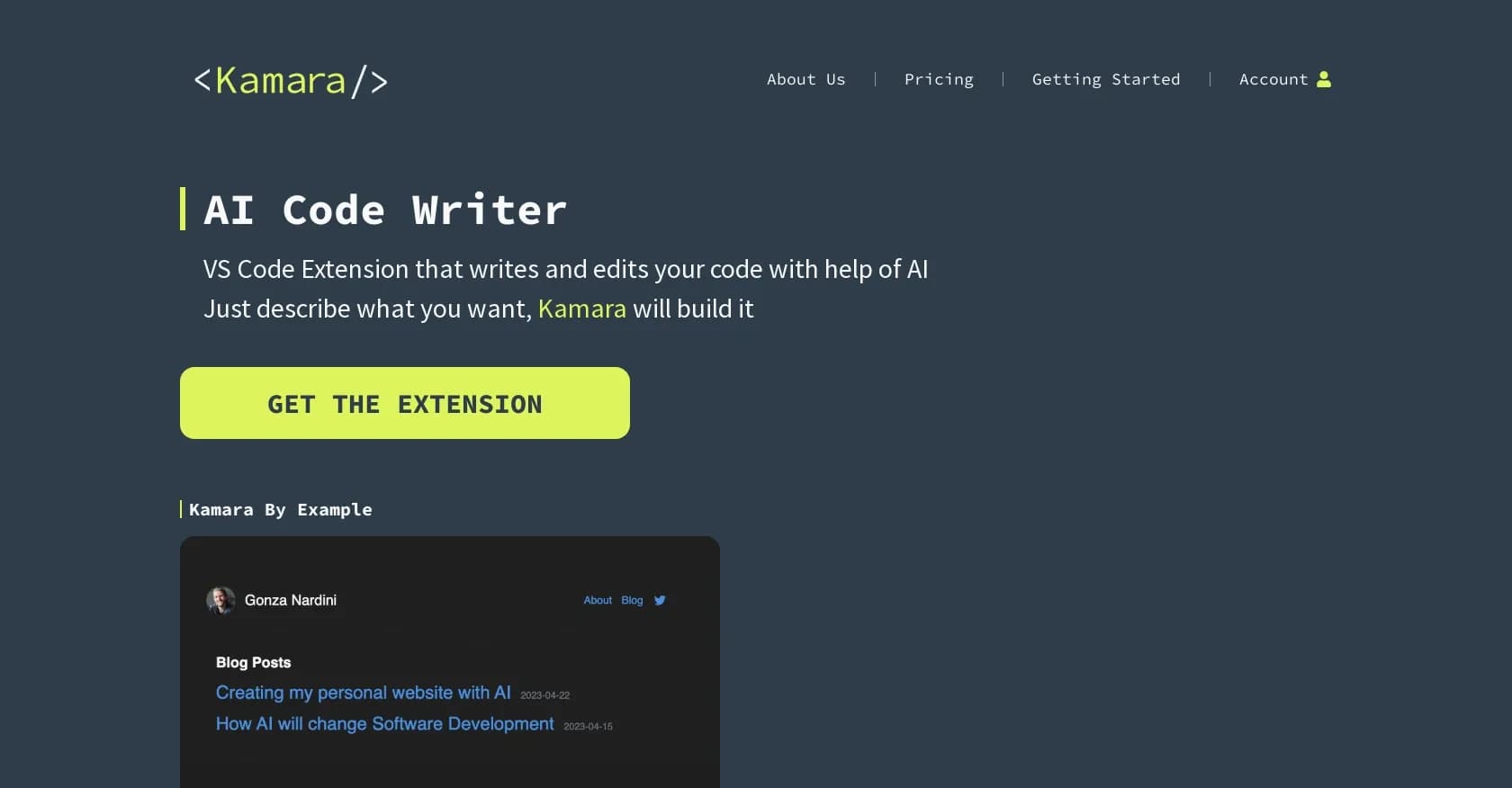 Kamara homepage screenshot — AI-powered code writer for VS Code