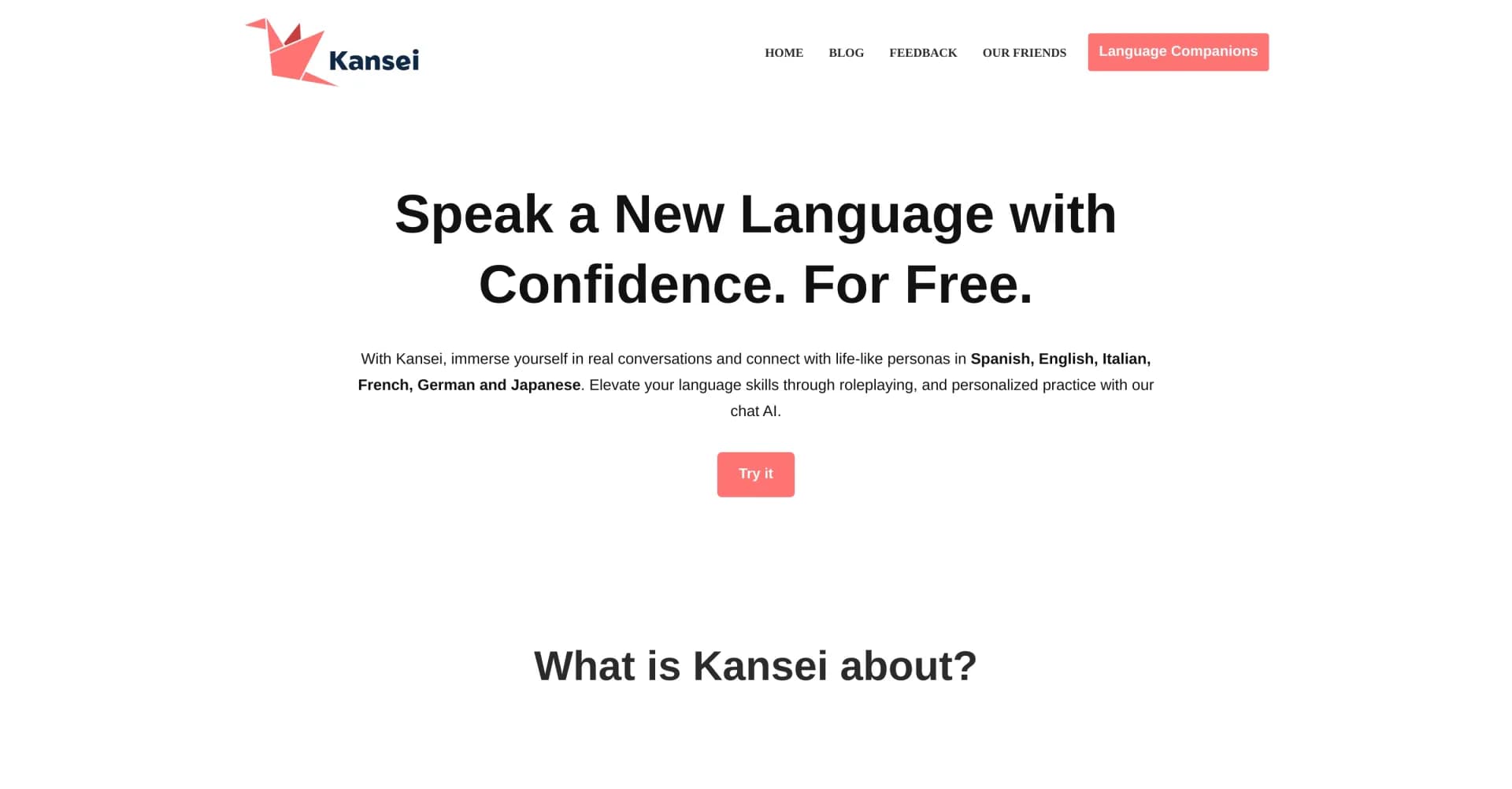Kansei homepage screenshot — Immersive AI language learning through engaging narratives.