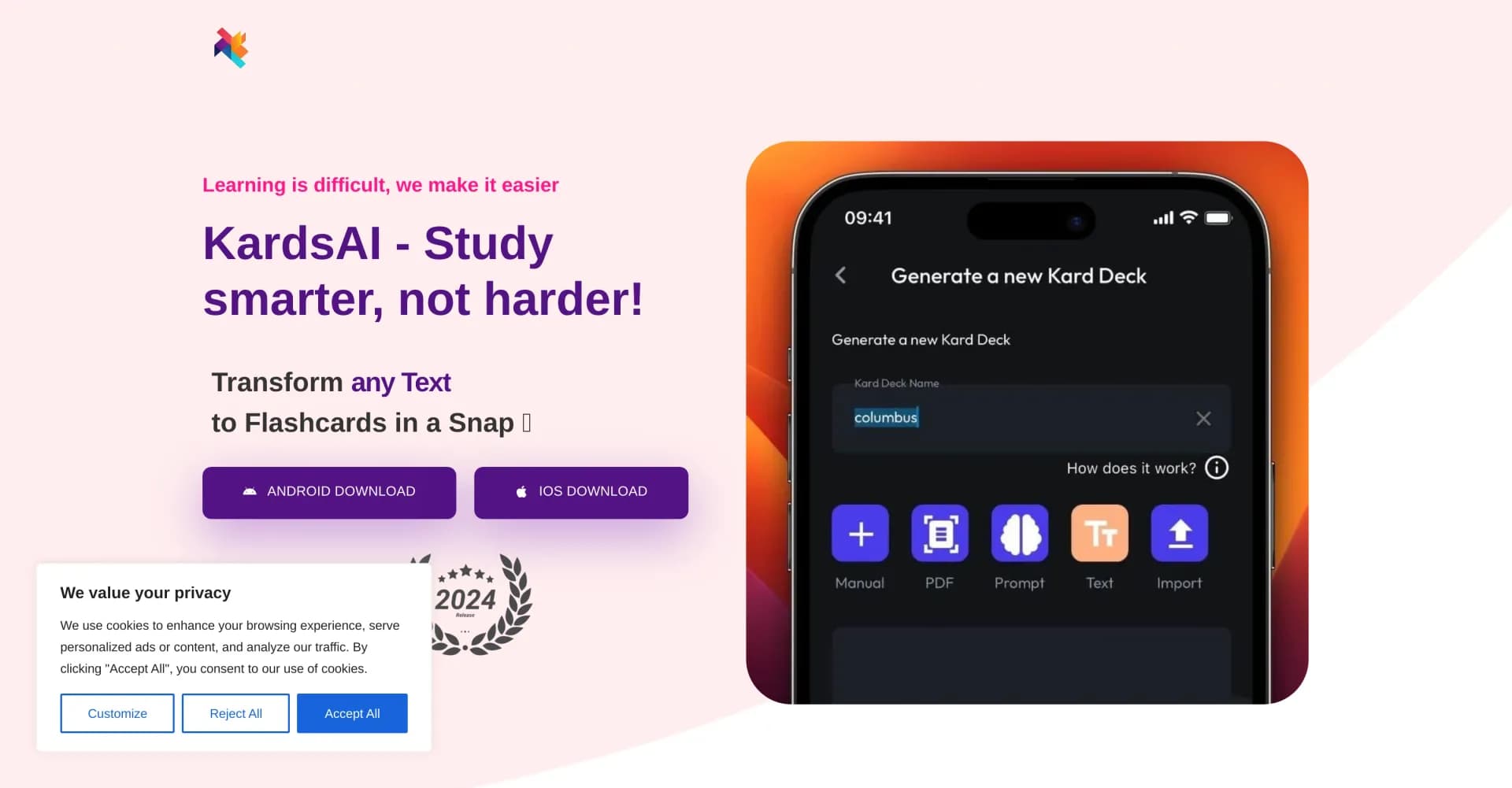 KardsAI - AI Flashcard Maker homepage screenshot — Instantly convert your notes into flashcards with KardsAI