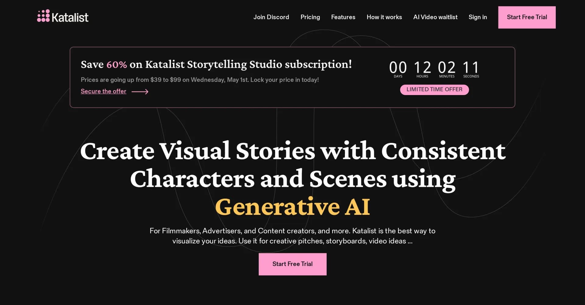 Katalist homepage screenshot — Create visual stories with AI-generated characters and scene