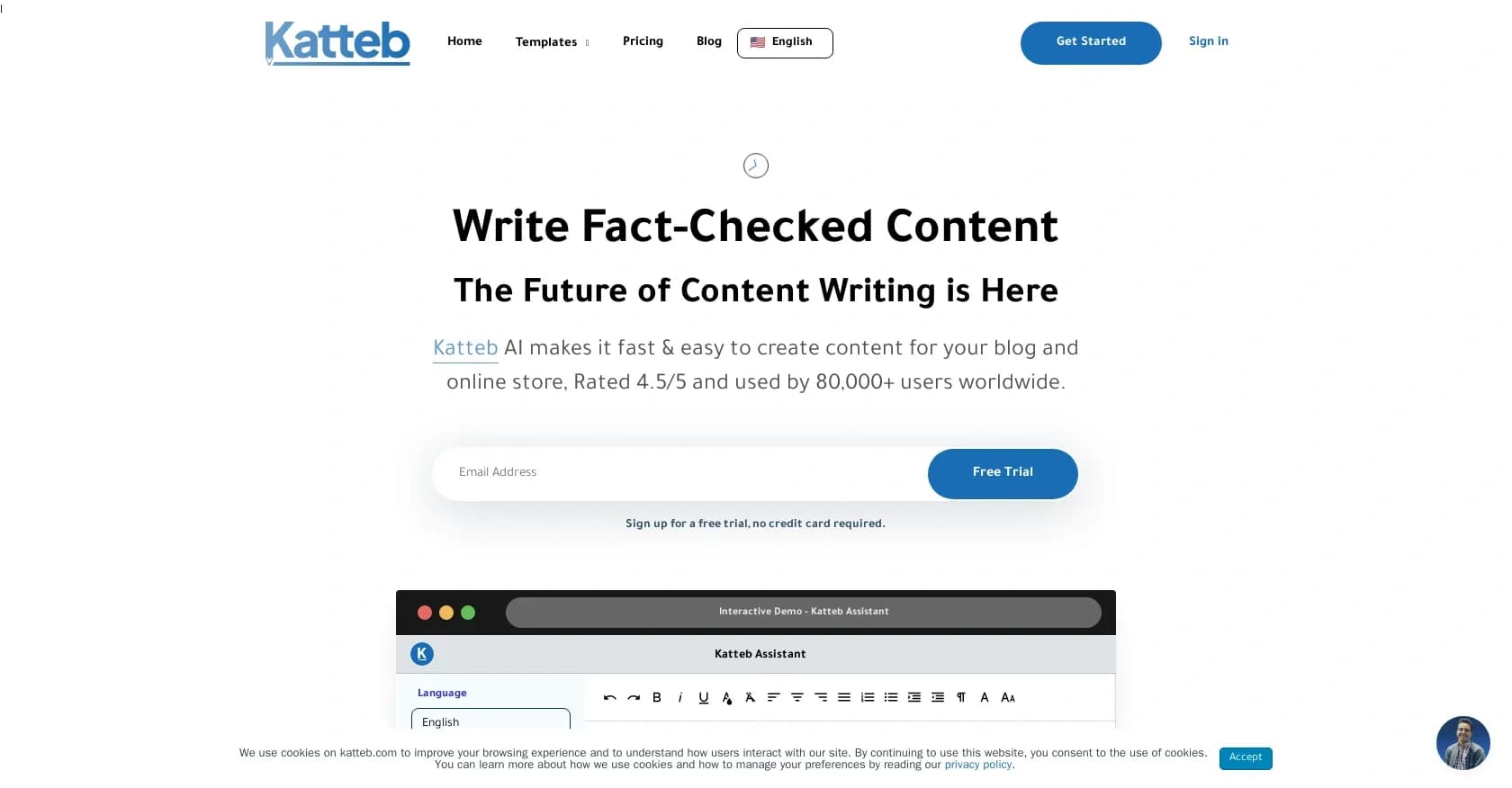 Katteb AI Article Writer homepage screenshot — Automate copywriting with AI-powered content generation.