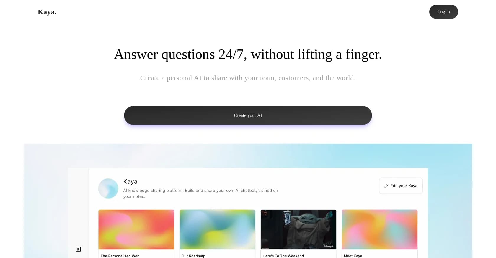 Kaya homepage screenshot — Create a personal AI trained on your notes.