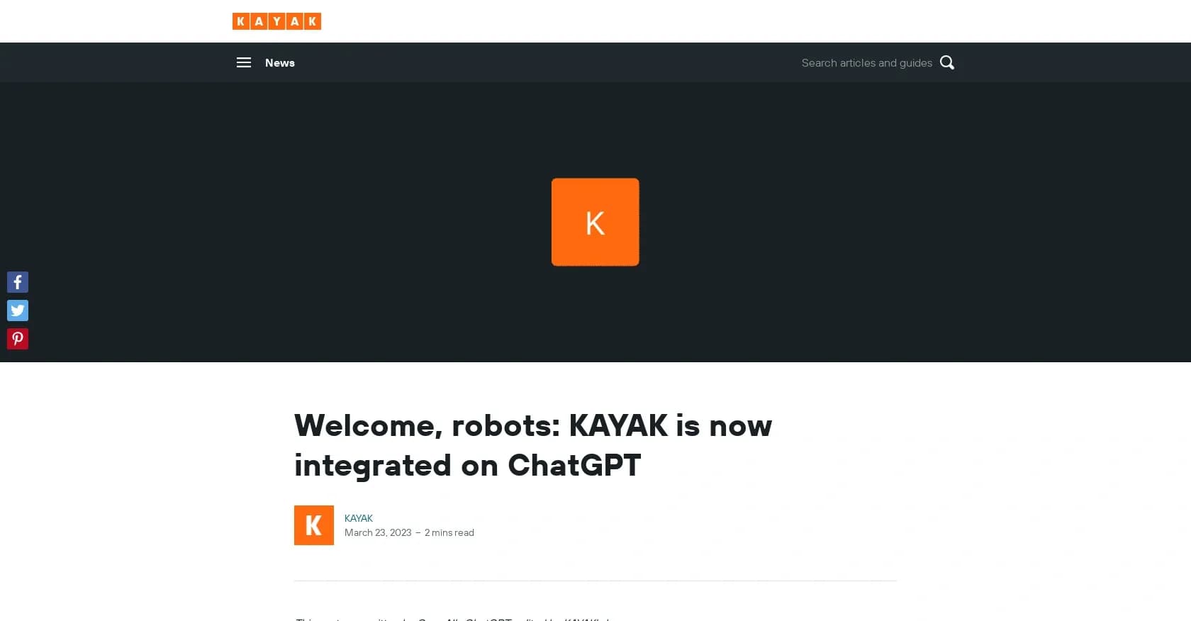 Kayak ChatGPT plugin homepage screenshot — KAYAK and ChatGPT: Your travel planning partners.