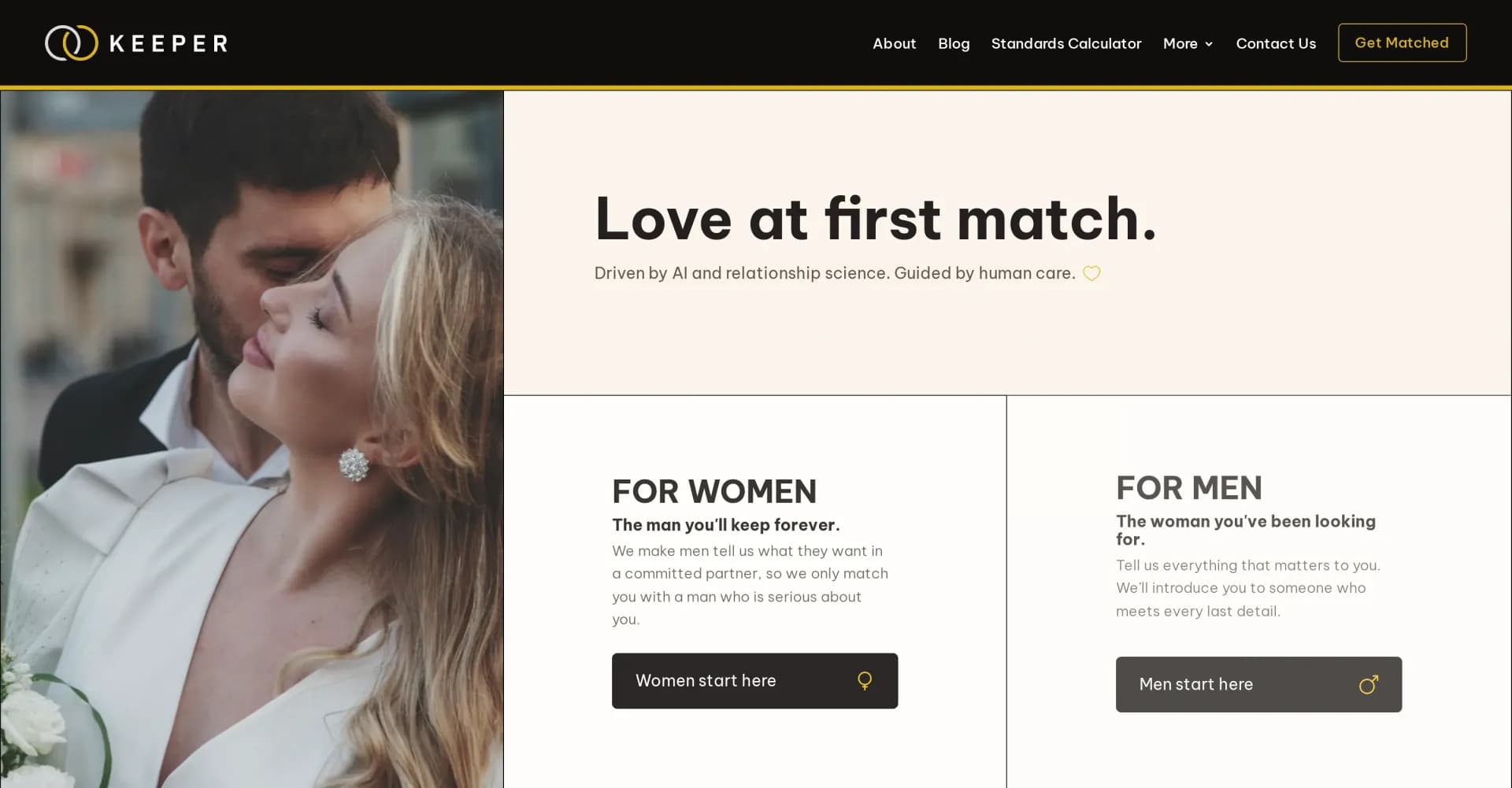 Keeper homepage screenshot — AI matchmaking: Find your soulmate on the first try.