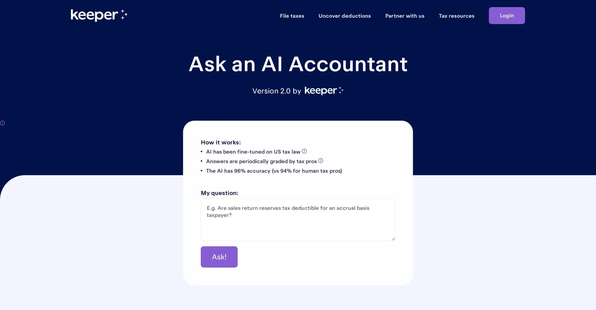 Keepertax homepage screenshot — Chat with an AI accountant for instant tax answers