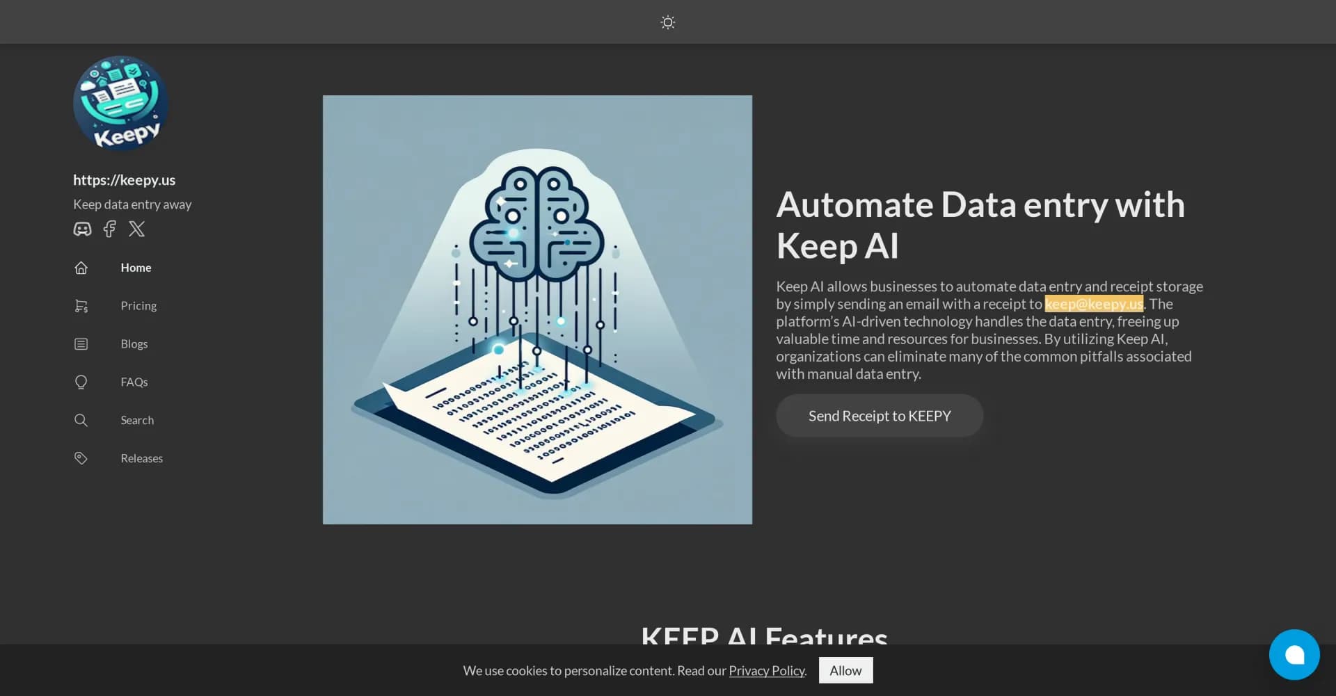 Keepy AI homepage screenshot — Automate data entry with AI-powered receipt processing.