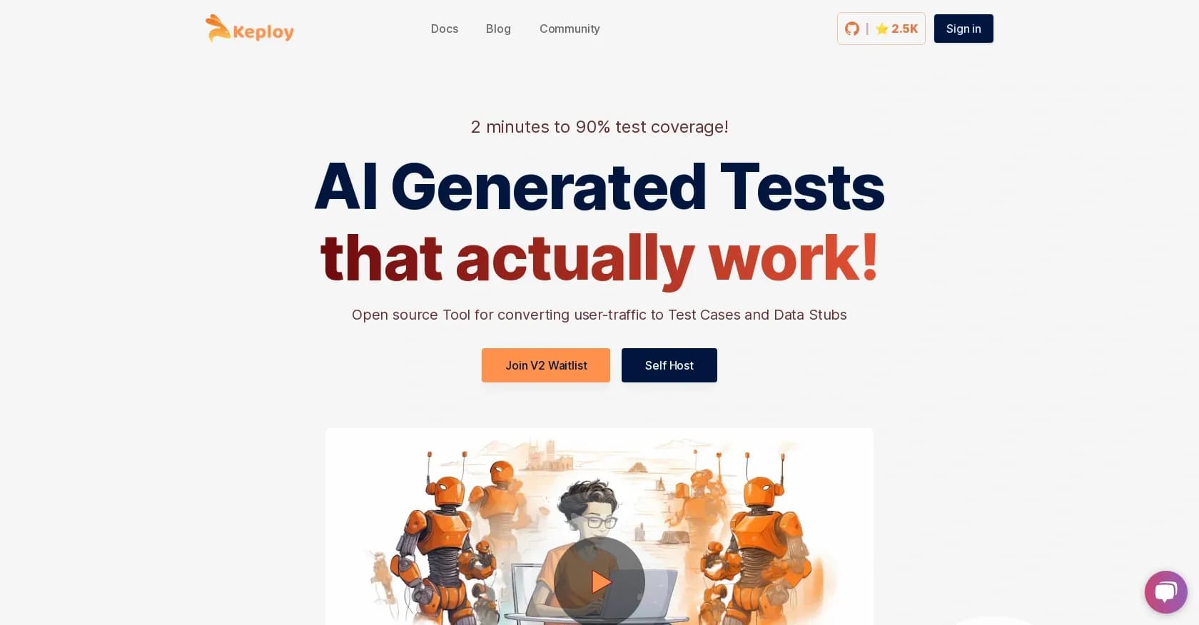 Keploy homepage screenshot — AI-powered API test case and mock generator