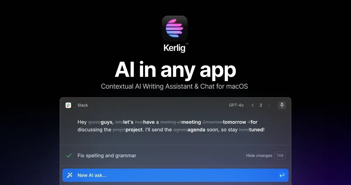 Kerlig homepage screenshot — Contextual AI Writing Assistant & Chat for macOS