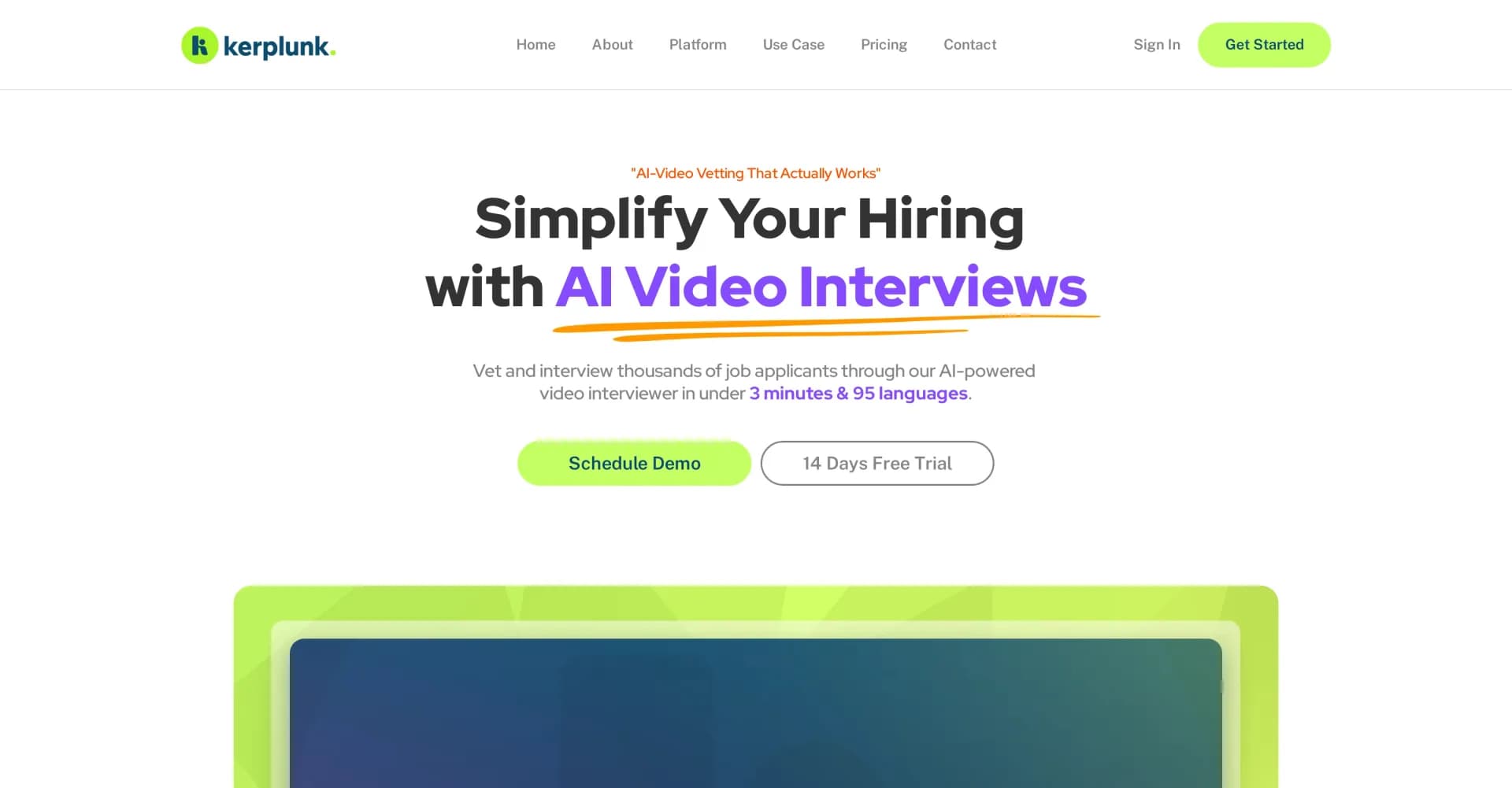 Kerplunk homepage screenshot — AI-powered video interviews for smarter hiring