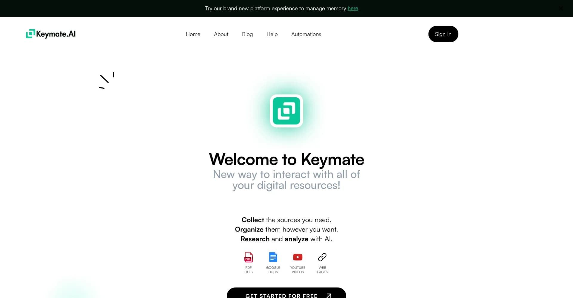 Keymate.AI homepage screenshot — Organize digital resources and research with AI