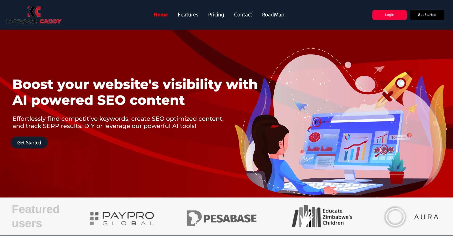 Keyword Caddy homepage screenshot — Boost SEO with research, content, and tracking