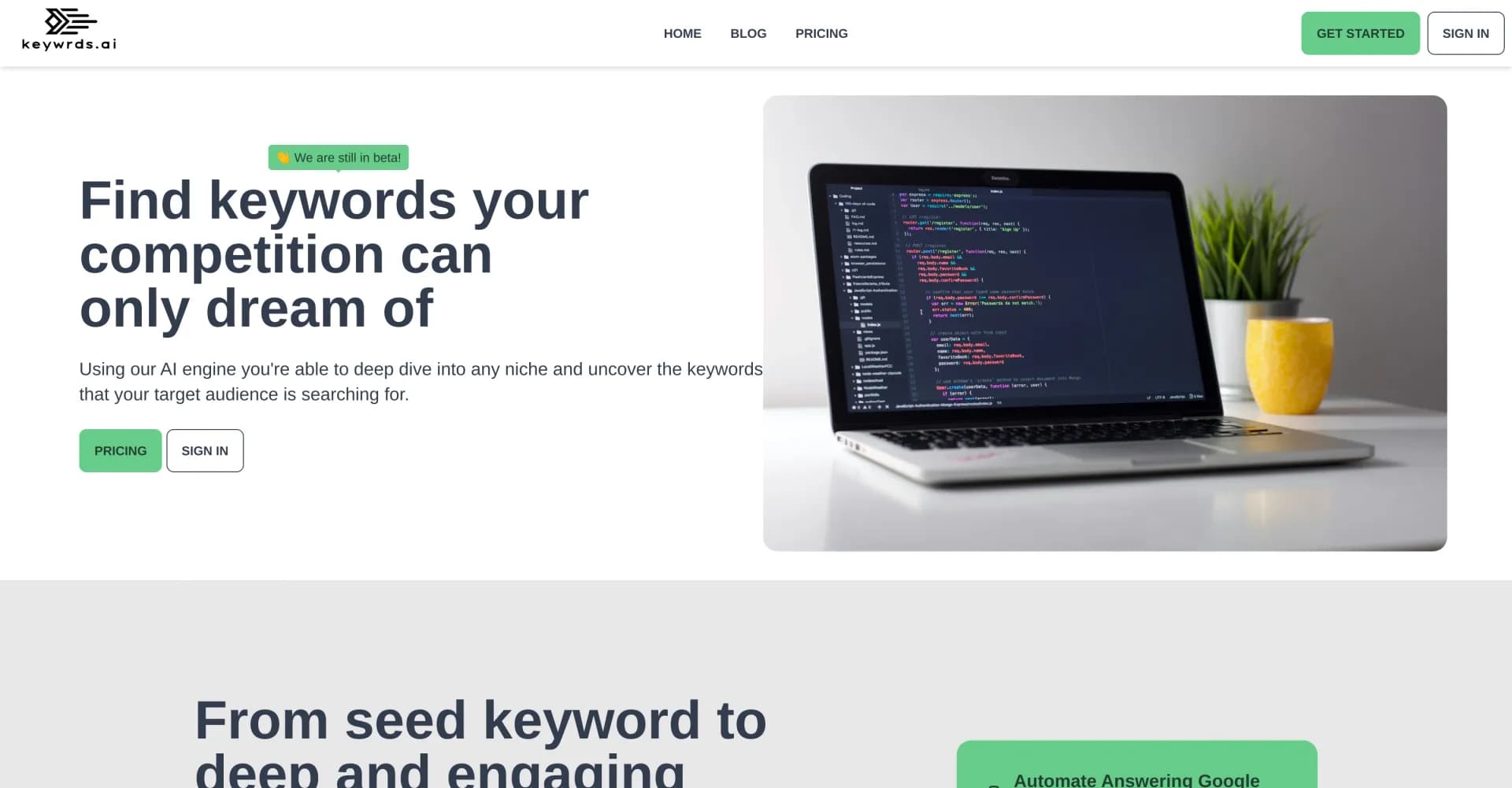 Keywrds homepage screenshot — Find keywords your competition can't