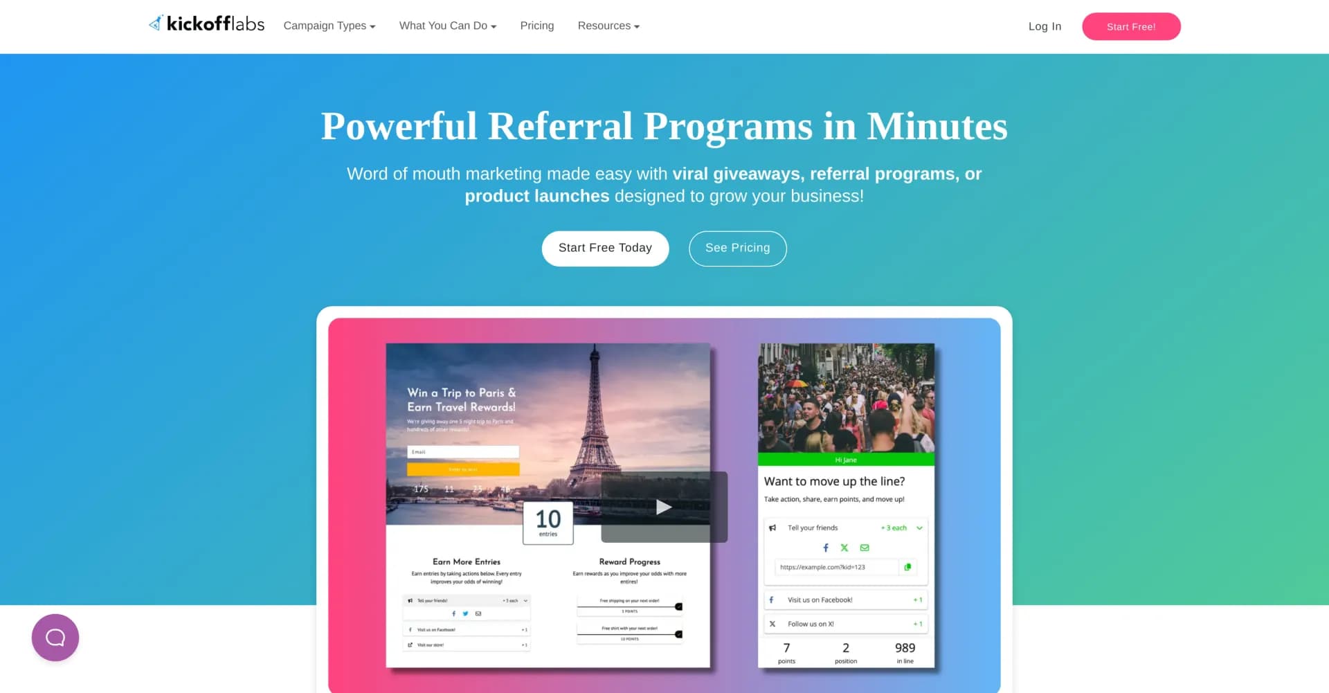 KickoffLabs homepage screenshot — Ignite viral growth with AI-powered referral programs.